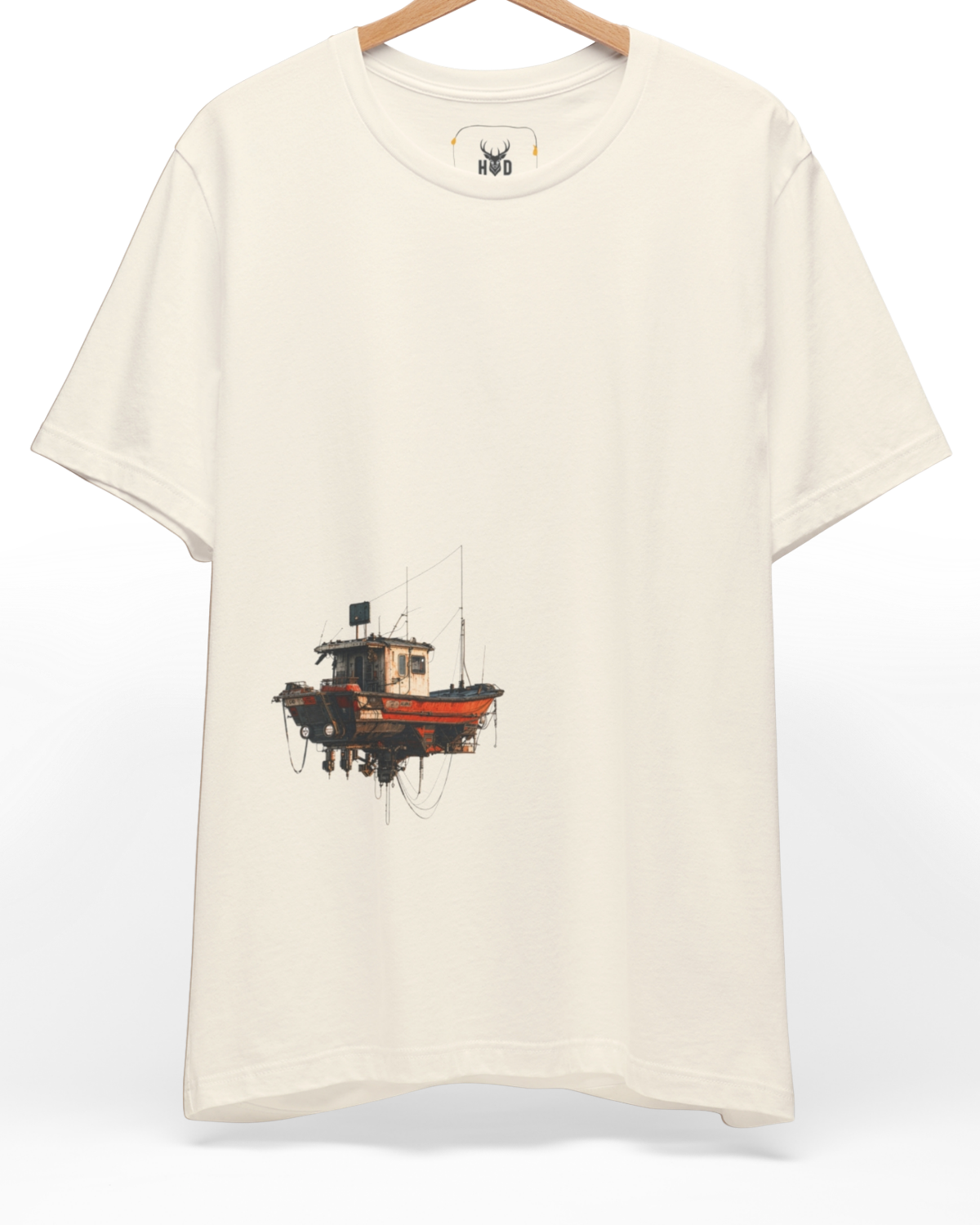 Premium fishing boat tee displaying a high-detail fütüristik siberpunk illustration with a sci-fi levitating boat tshirt layout, designed by Holydeer Clothing for modern unique graphic tee collectors.