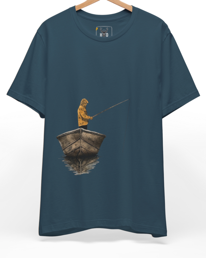Premium fishing tshirt displaying a high-detail minimalist illustration with a yellow fisherman tee and boat graphic tee concept on a deep teal layout, designed by Holydeer Clothing.