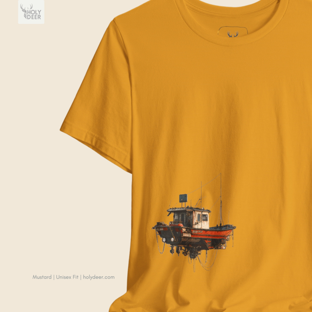 Dark studio backdrop framing the unique fishing boat tee by Holydeer Streetwear, magnifying the clean off-centered boat tshirt placement and premium fütüristik cyber ship graphic presentation.