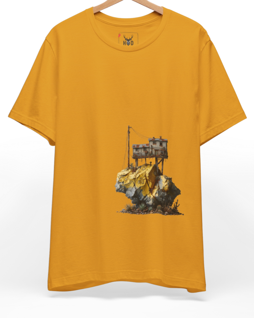 An eye-level studio presentation showcasing the floating-house-tee-surreal-house-tee-tiny-house-shirt-aesthetic-tshirt-minimal-art.jpg design offset on a heavy combed cotton fabric by Holydeer Clothing.