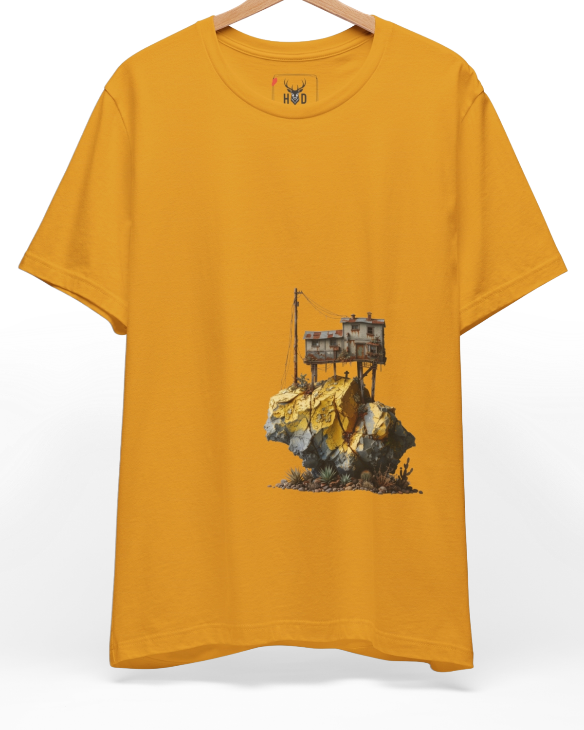 An eye-level studio presentation showcasing the floating-house-tee-surreal-house-tee-tiny-house-shirt-aesthetic-tshirt-minimal-art.jpg design offset on a heavy combed cotton fabric by Holydeer Clothing.