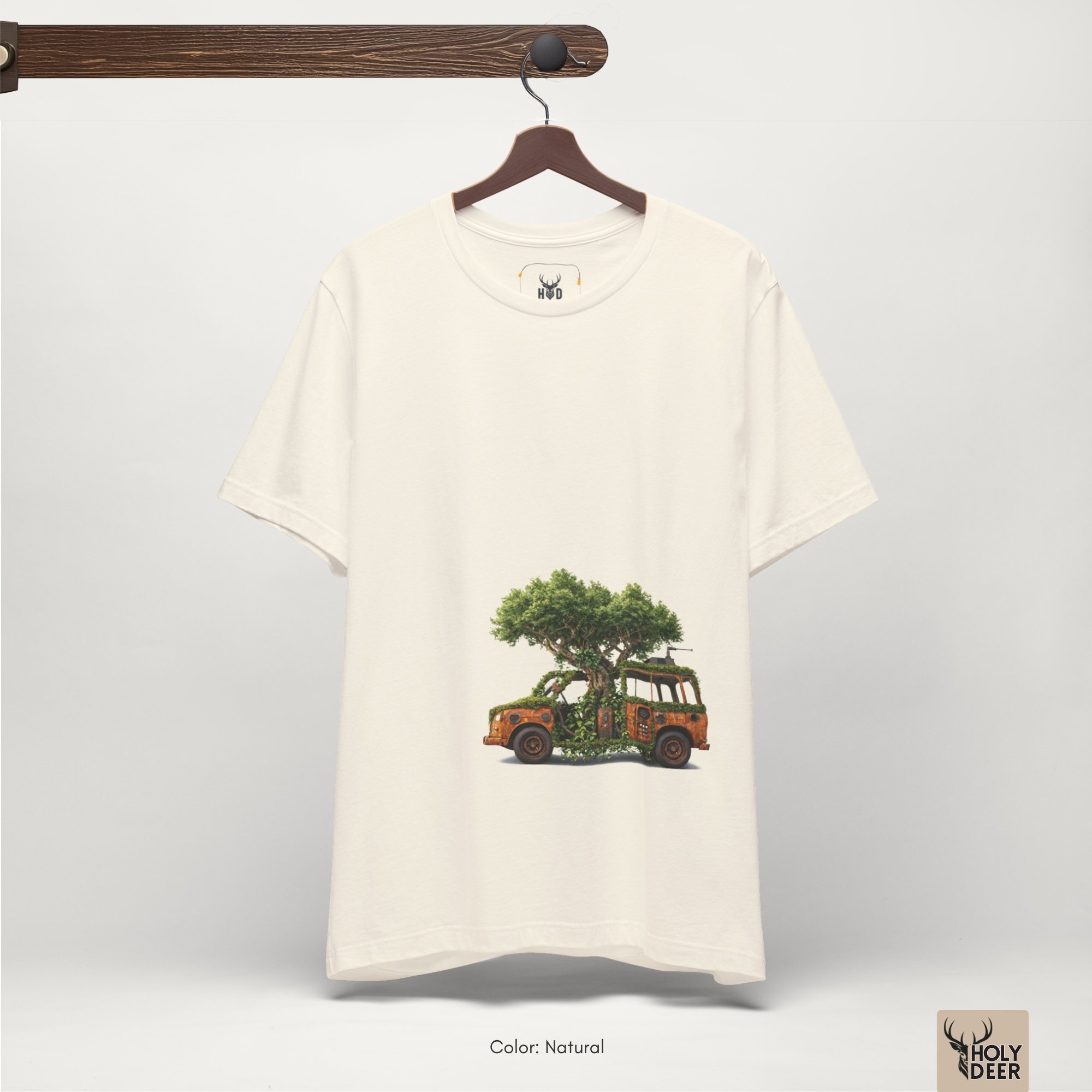 Soft dramatic botanical shadow studio ray backdrop framing the unique Nature Reclaim Tee by Holydeer Streetwear, magnifying the clean centered dreamlike nature tee placement and premium vintage white presentation.