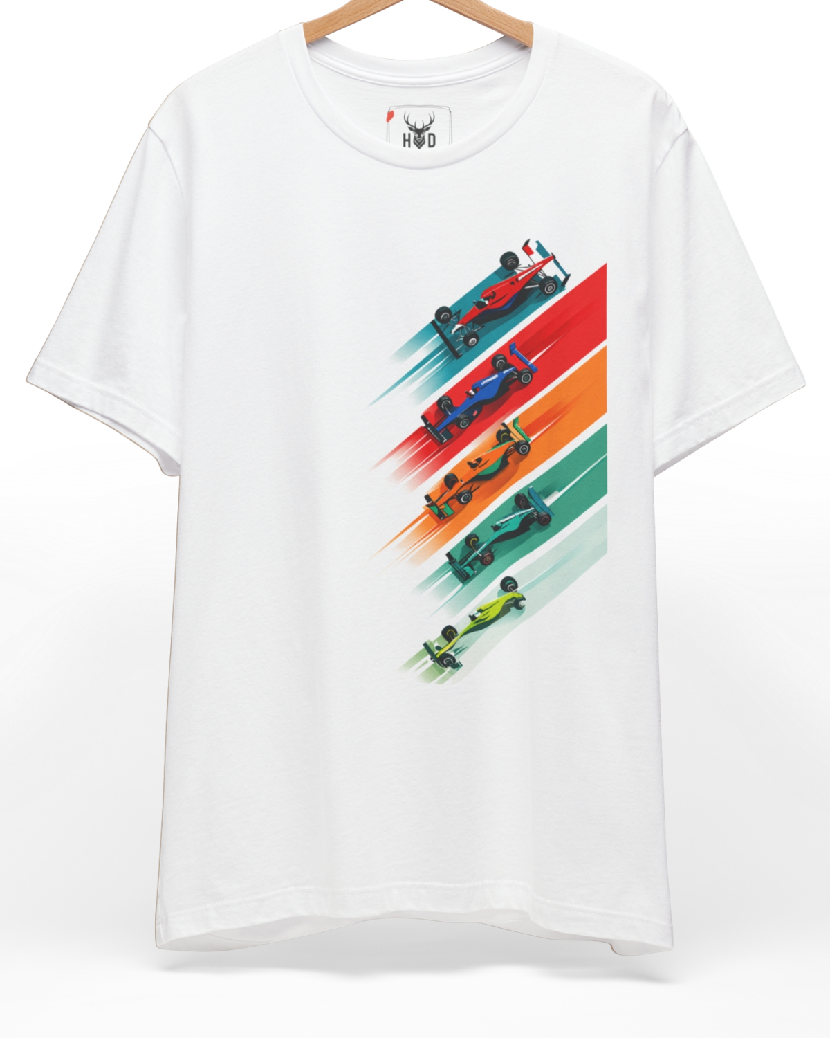 Premium formula 1 gift displaying a high-detail minimalist illustration with multiple racing graphic tee cars on a white f1 tshirt layout, designed by Holydeer Clothing.