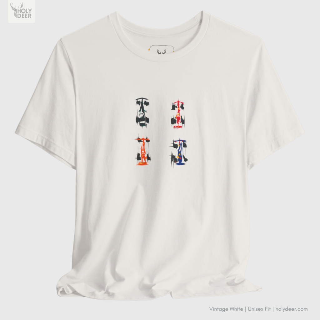Macro view of the f1 tshirt print showcasing intricate technical nosecone lines, vibrant iconic team livery colors, and the raw deconstructive racing tshirt rendering crafted exclusively by Holydeer Streetwear.