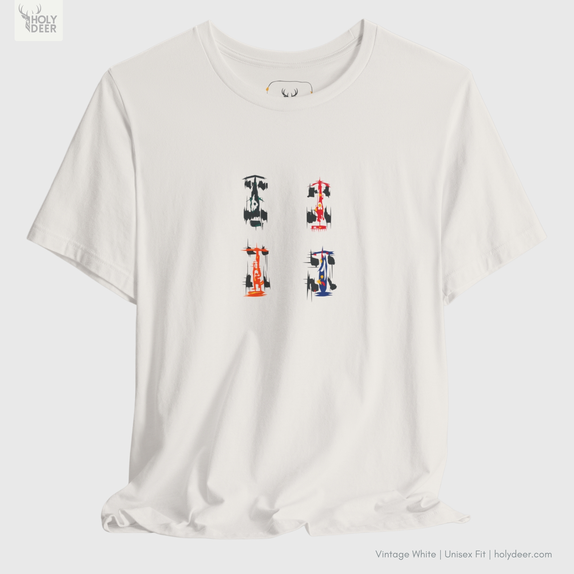 Macro view of the f1 tshirt print showcasing intricate technical nosecone lines, vibrant iconic team livery colors, and the raw deconstructive racing tshirt rendering crafted exclusively by Holydeer Streetwear.