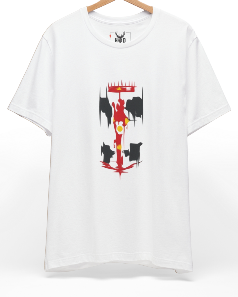 Premium formula 1 shirt displaying a high-detail minimalist illustration with a fluid abstract race car tee concept on a white f1 tshirt layout, designed by Holydeer Clothing.