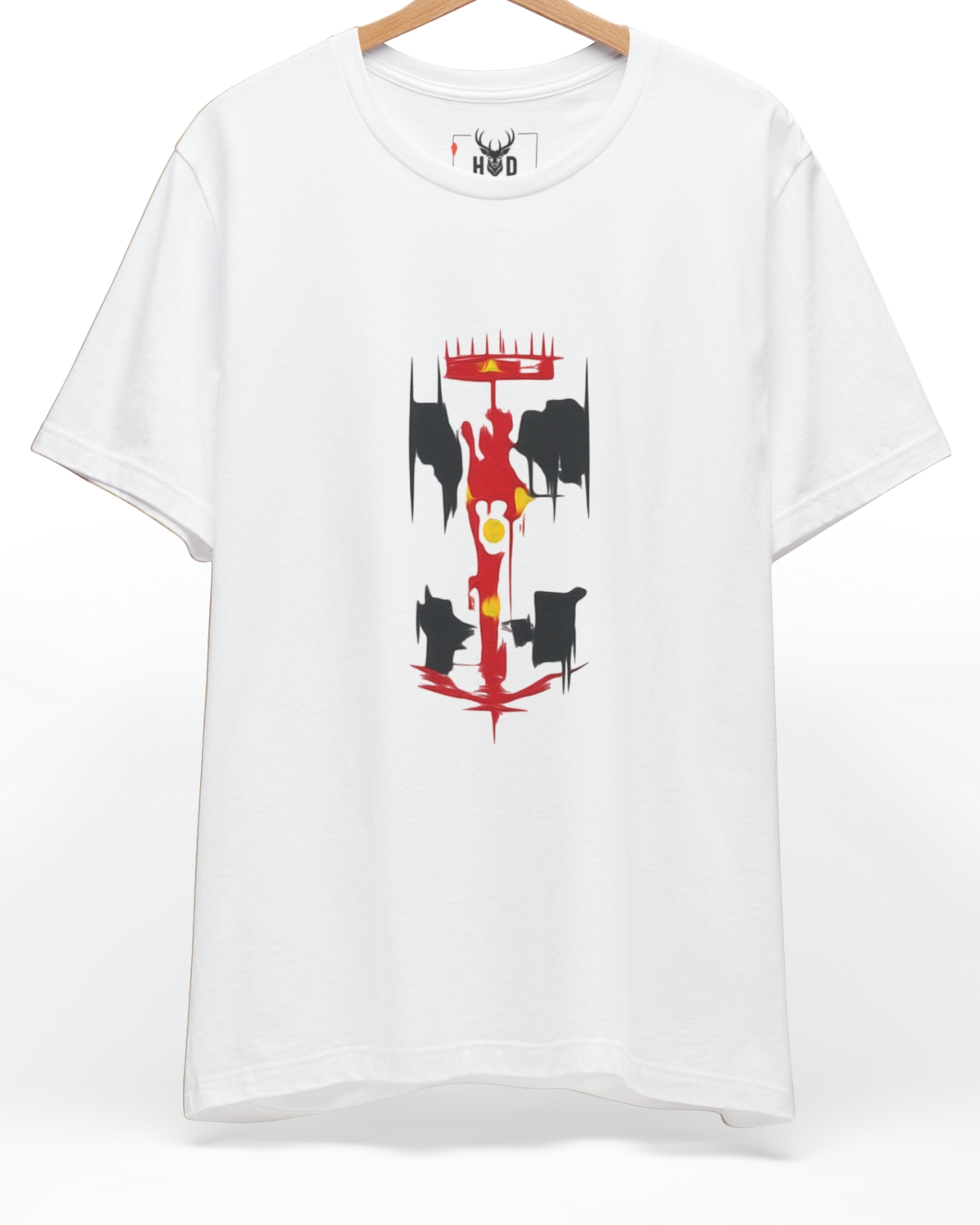 Premium formula 1 shirt displaying a high-detail minimalist illustration with a fluid abstract race car tee concept on a white f1 tshirt layout, designed by Holydeer Clothing.