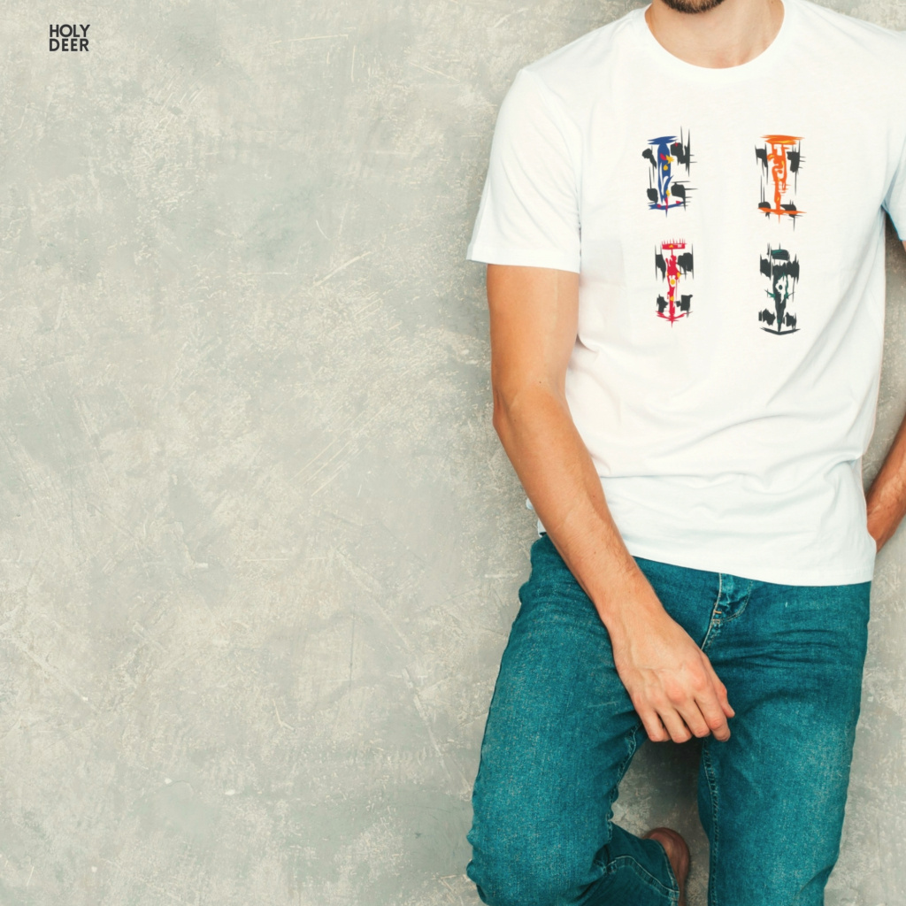 Crisp white studio backdrop framing the unique f1 tshirt by Holydeer Streetwear, magnifying the clean centered race car tee placement and premium minimalist formula one tee presentation.