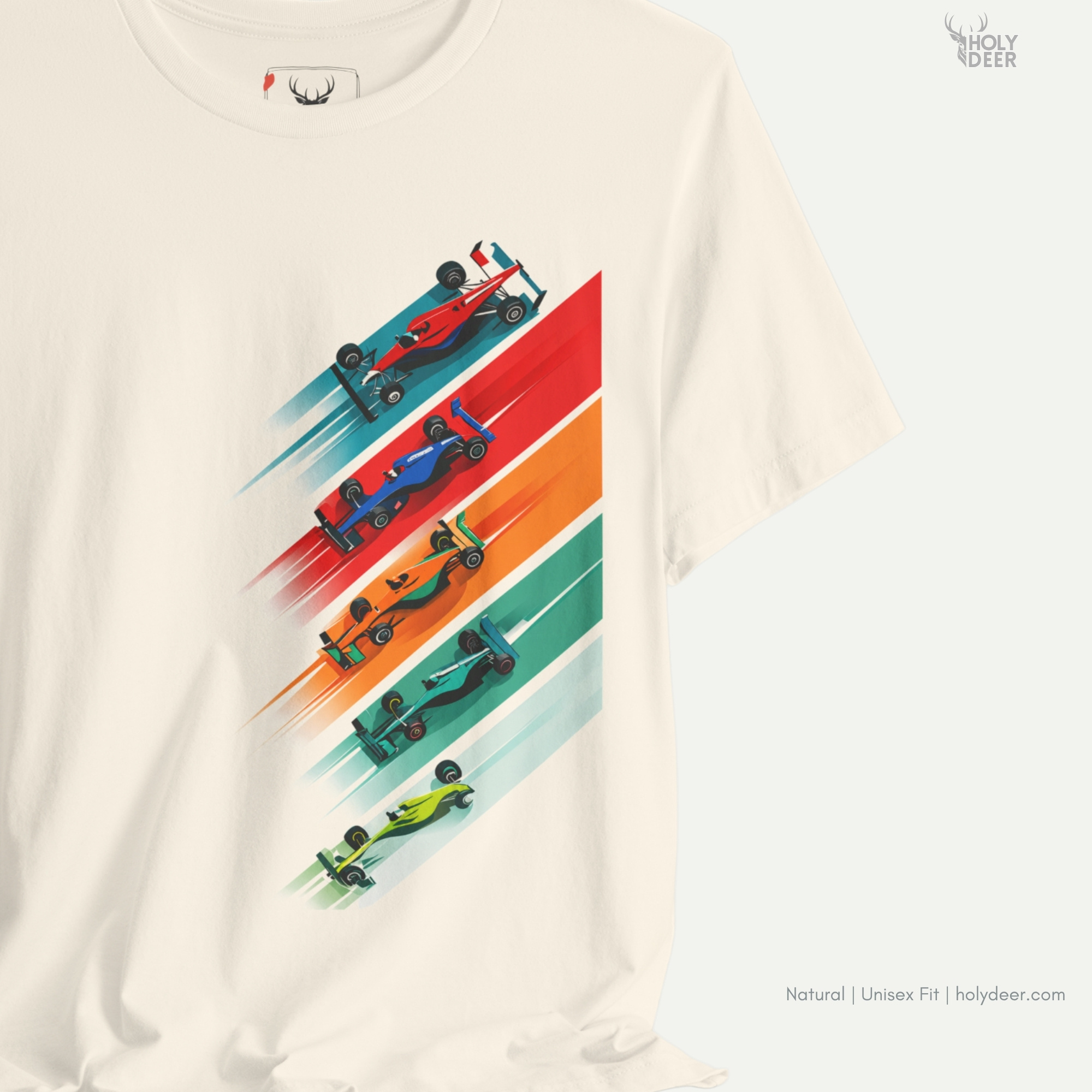 Professional flat lay photography of the formula 1 gift by Holydeer Apparel, arranged elegantly next to premium race car tee blueprints and high-end formula one tee collectibles.