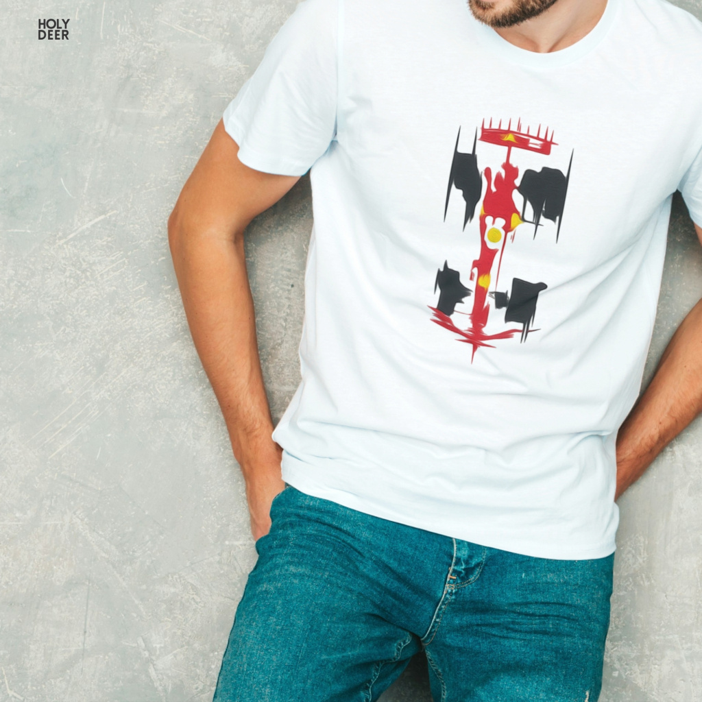 Urban design studio lifestyle model wearing the centered abstract formula 1 shirt from Holydeer Clothing, standing as a high-end motorsport tshirt statement matching elite racing graphic tee trends.