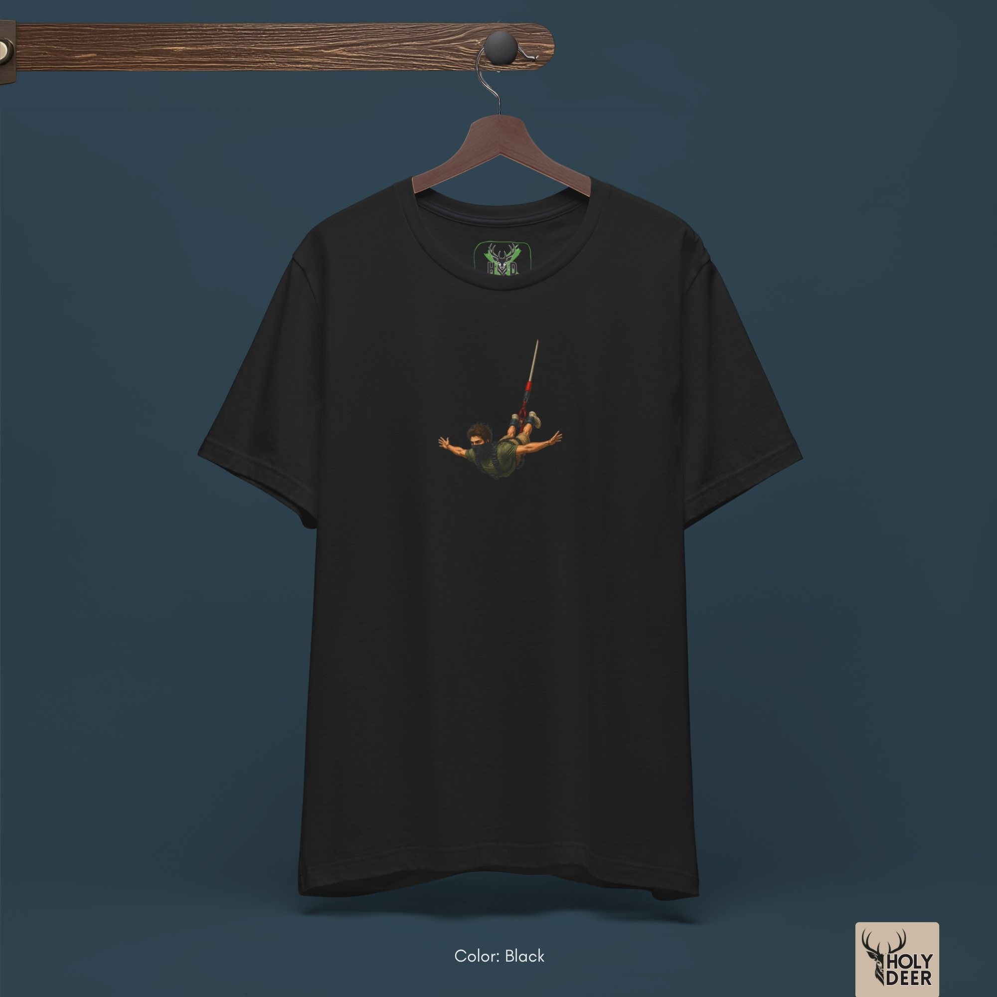 Angled perspective of the premium screen-printed Bungee Jumping Tee, detailing the thick paint feel, bungee jump shirt alignment, and the signature holydeer tee high-contrast minimalist action look.