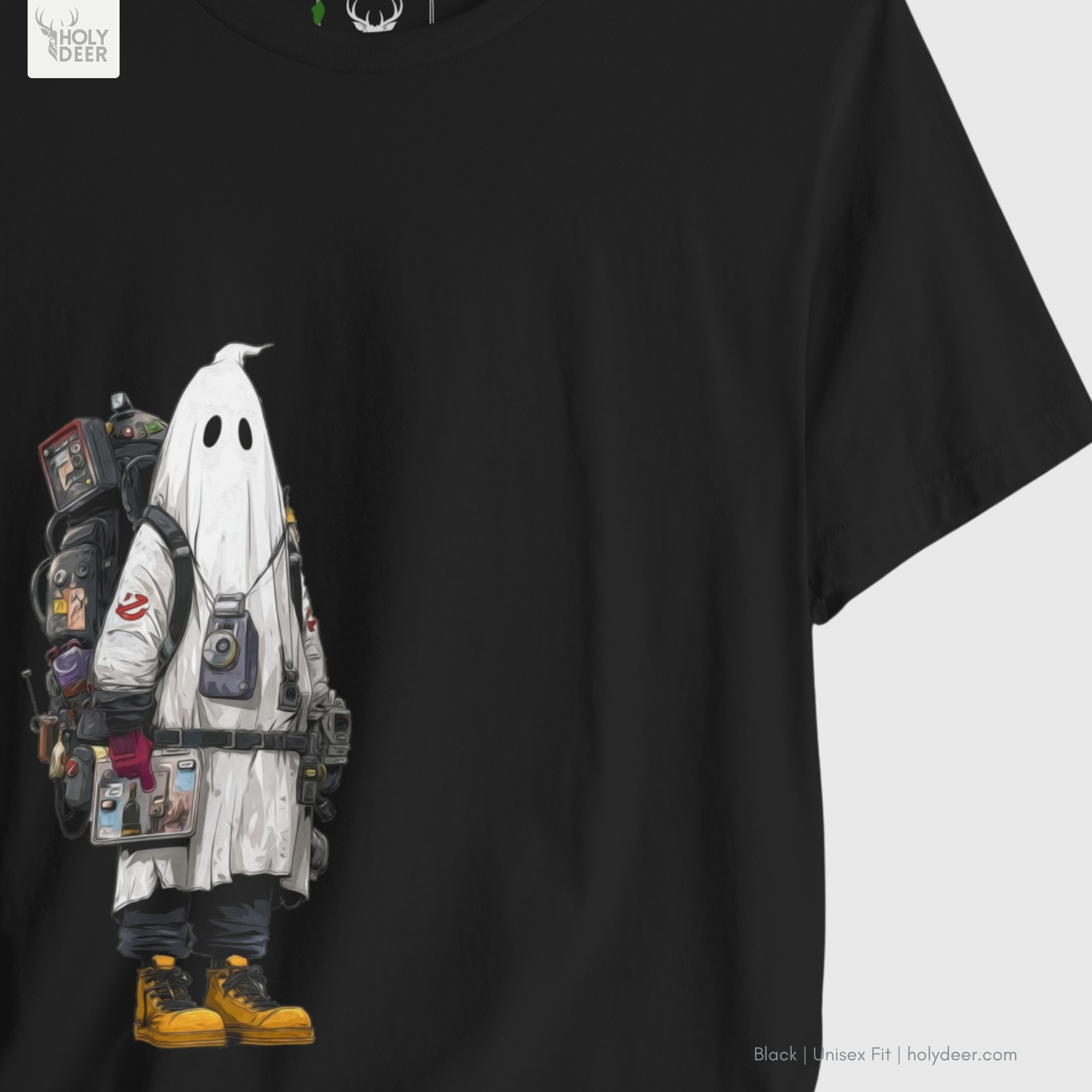 Angled perspective of the premium screen-printed Cyberpunk Ghost Hunter Shirt, detailing the thick paint feel of the phantom sheet folds and combat boots element, centered placement, and the signature holydeer tee high-contrast layout.