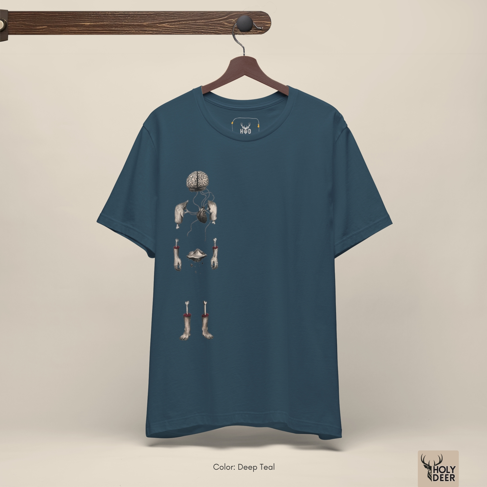 Soft amber ray shadow studio backdrop framing the unique Surreal Anatomy Tee by Holydeer Streetwear, magnifying the clean off-centered medical graphic tee placement and premium unique graphic tee presentation.
