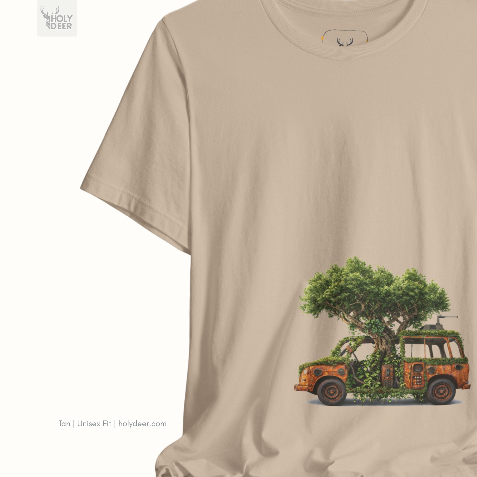 Professional flat lay photography of the Nature Reclaim Tee by Holydeer Apparel, arranged cleanly next to genuine preserved green boxwood sprigs, rusted vintage brass internal combustion engine valves, and story nature tee lifestyle essentials.