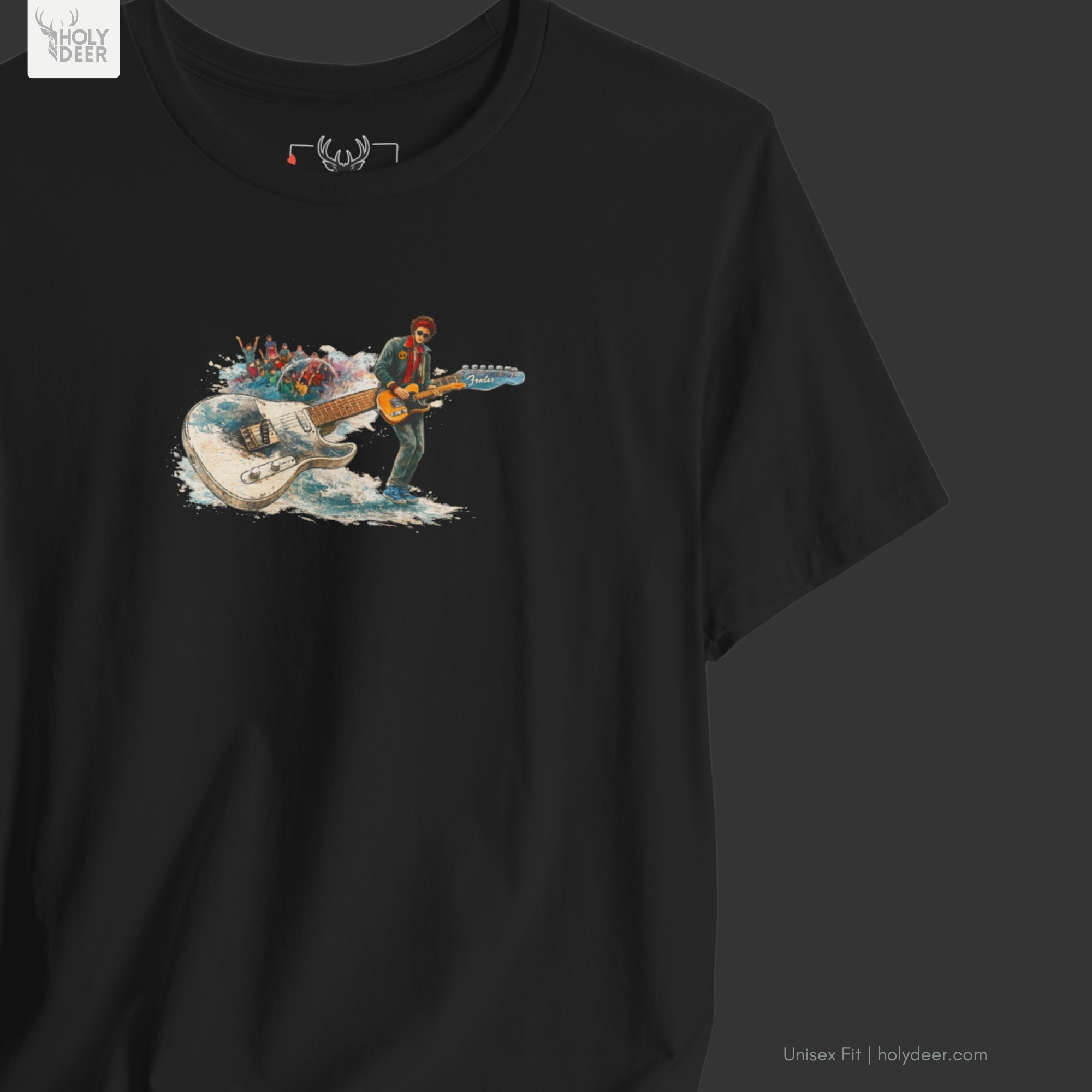 Soft minimalist studio backdrop framing the unique Rock Music Shirt by Holydeer Streetwear, magnifying the clean centered white graphic tee placement and premium dynamic guitar art top presentation.