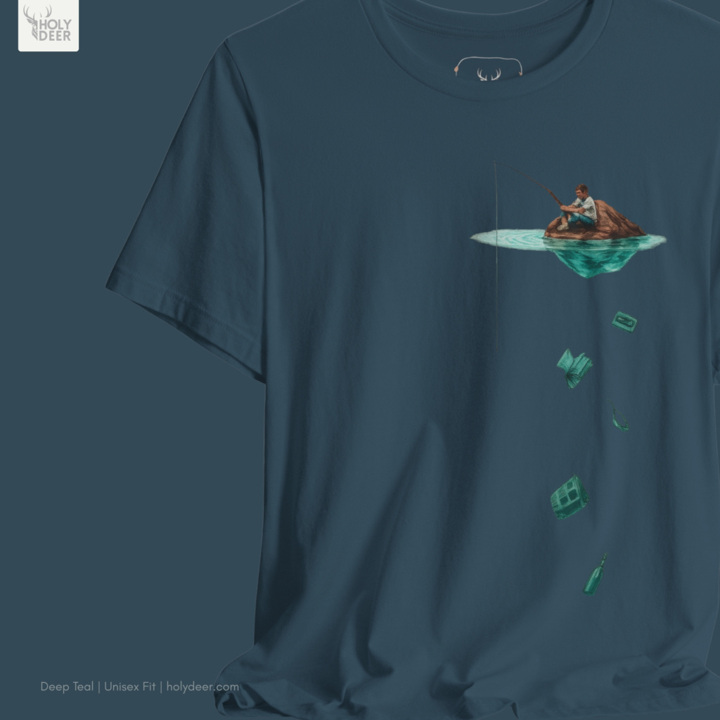 Soft dramatic oceanic shadow studio ray backdrop framing the unique Surreal Fishing Tee by Holydeer Streetwear, magnifying the clean off-centered depth illusion tee placement and premium deep teal top presentation.