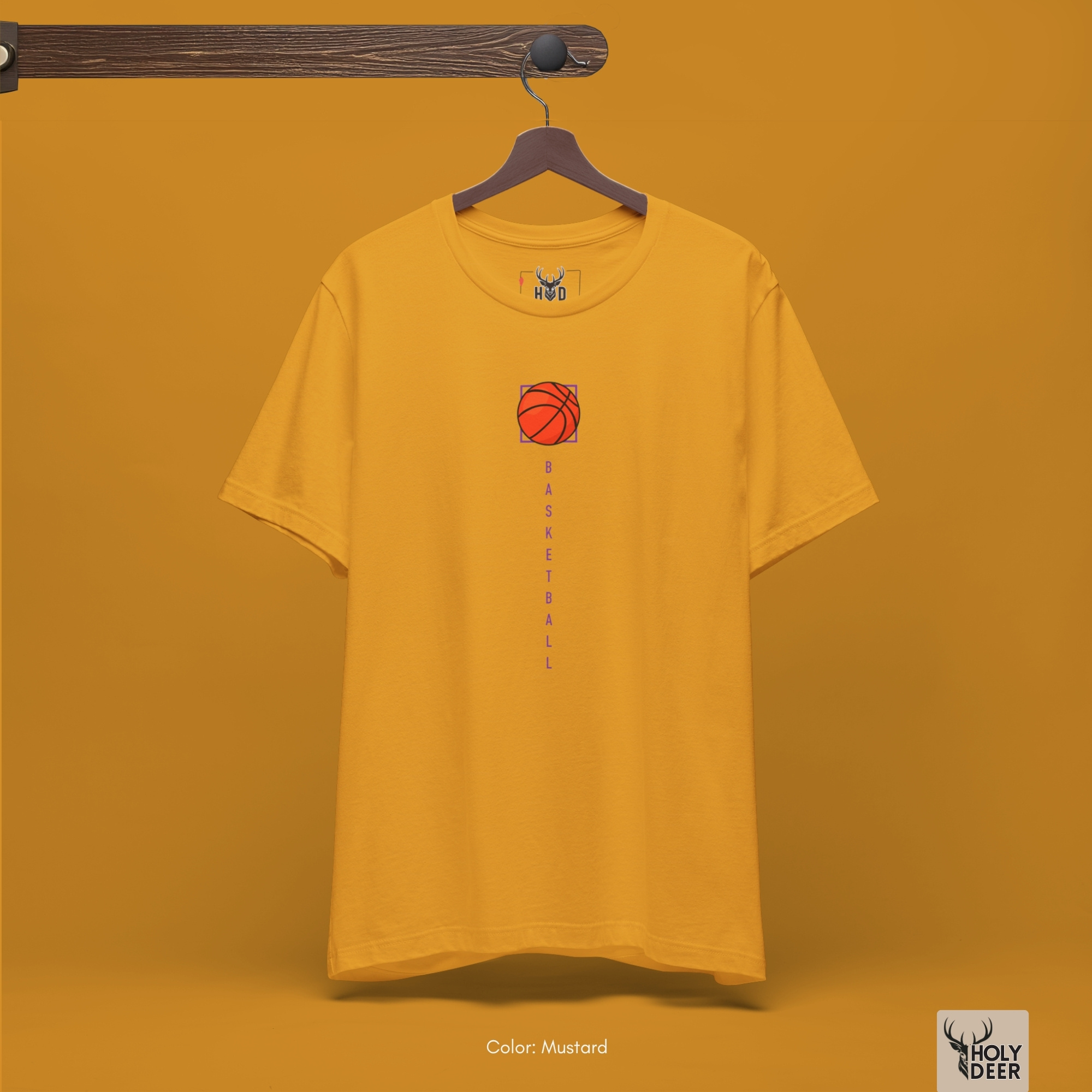 Angled perspective of the premium screen-printed Minimalist Hoops Life Graphic Tee, detailing the thick orange paint feel, vertical typography alignment, and the signature holydeer tee high-contrast basketball graphic look.