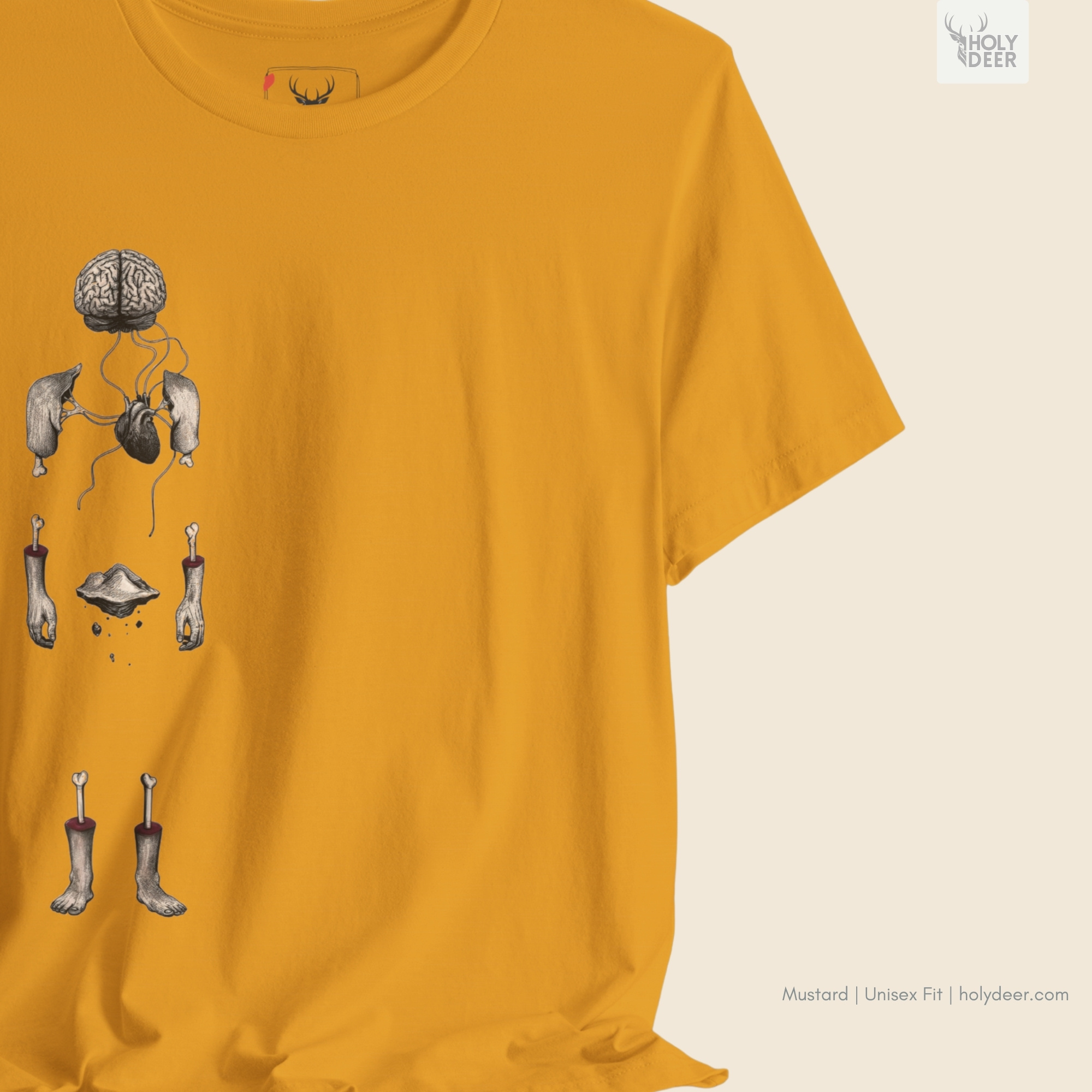 Professional flat lay photography of the Surreal Anatomy Tee by Holydeer Apparel, arranged cleanly next to vintage human anatomy sketchbooks, matte black fountain pens, and premium weirdcore tshirt items.