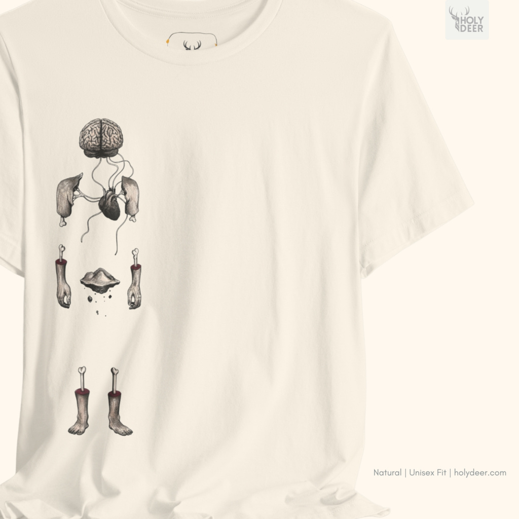 Angled perspective of the premium screen-printed Surreal Anatomy Tee, detailing the thick paint feel of the pelvic bone lines and hanging severed hands, vertical sequence layout placement, and the signature holydeer tee high-contrast design.