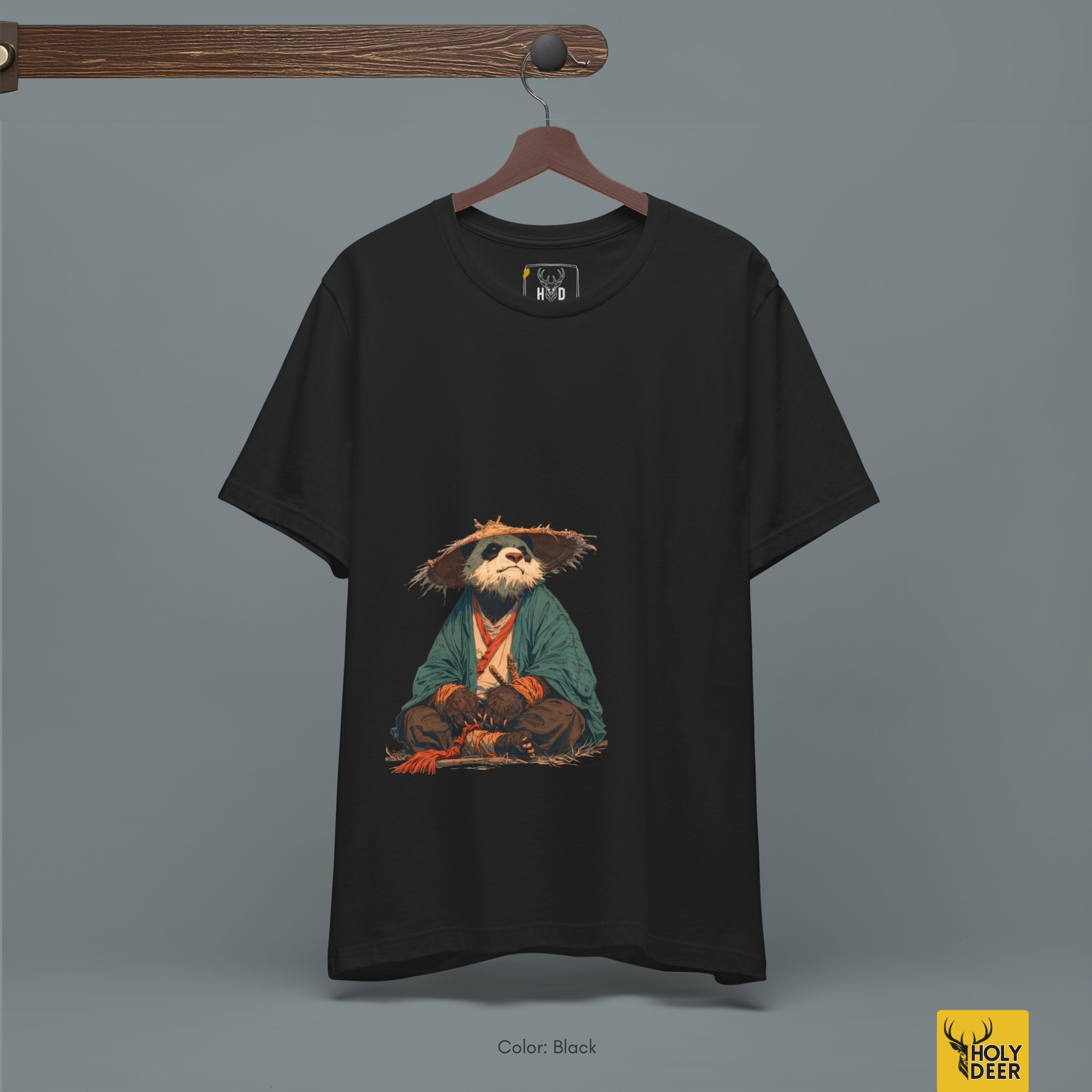 Professional flat lay photography of the Samurai Panda Shirt by Holydeer Apparel, arranged elegantly next to traditional bamboo whisks and high-end ink-wash painting scrolls.