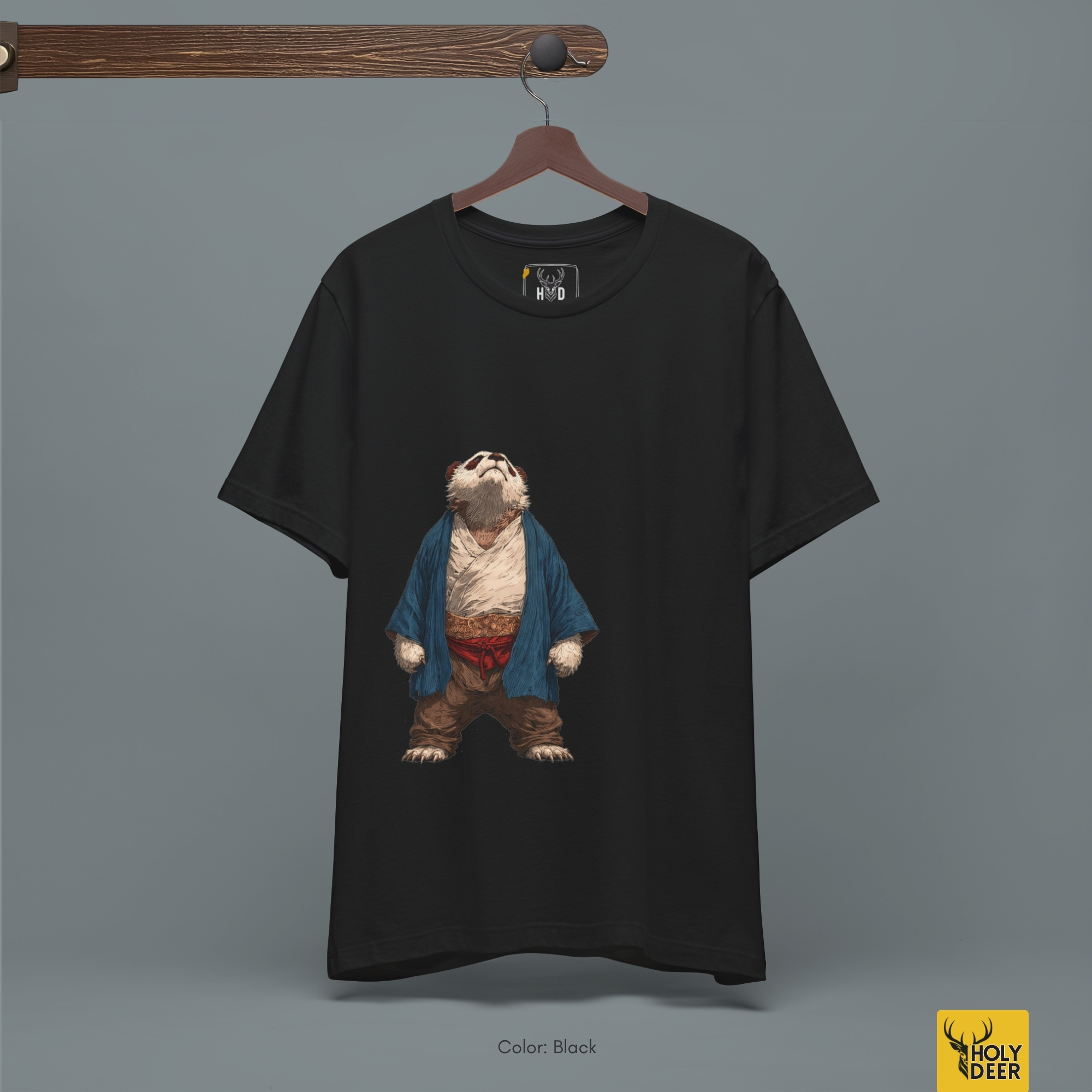 Angled perspective of the premium screen-printed kawaii panda tee, detailing the thick paint feel, anime panda shirt alignment, and the signature holydeer tee high-contrast zen panda tee look.