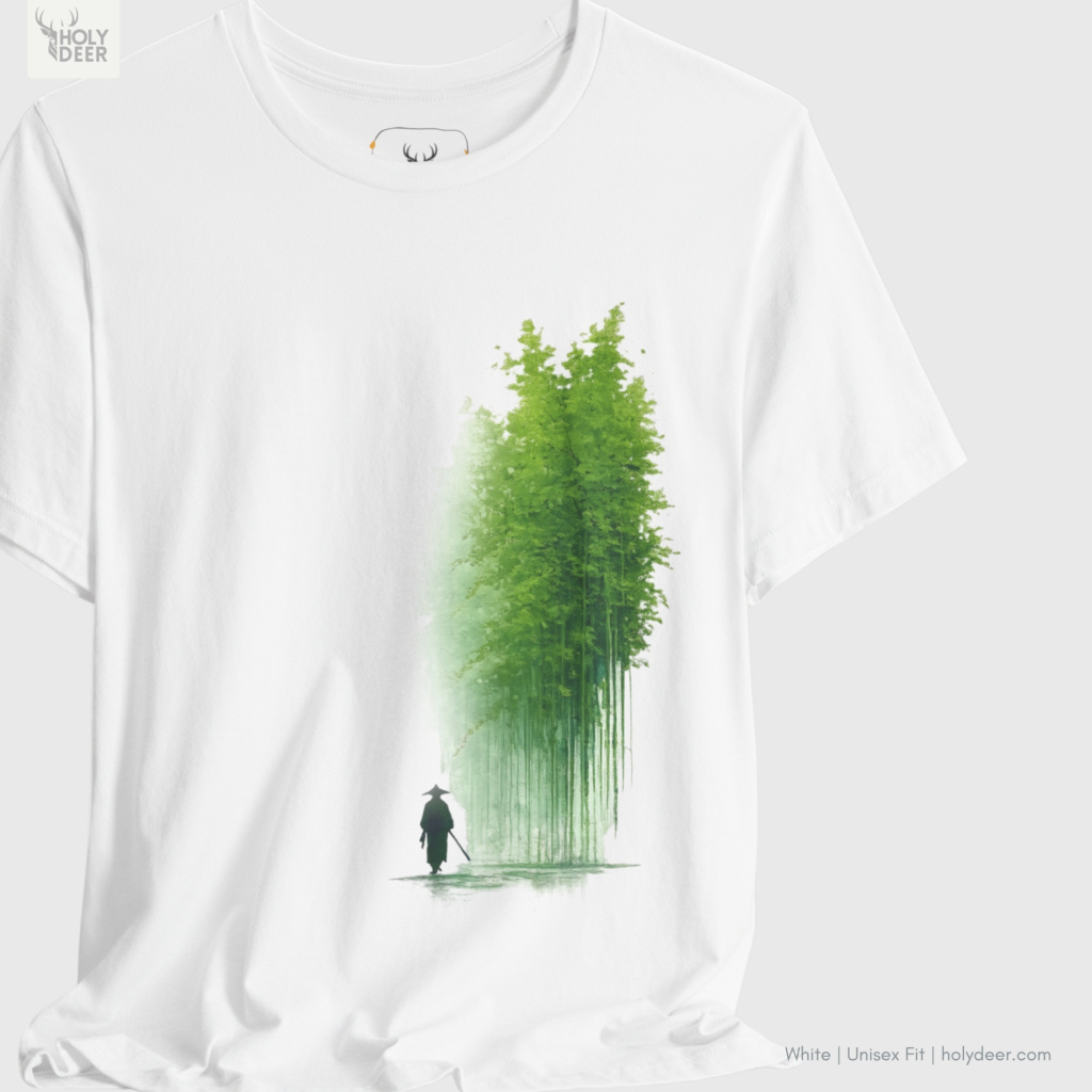 Detailed macro perspective displaying the overlapping light green paint strokes, vertical dripping reed marks, and soft forest textures on the bamboo art tee panel.