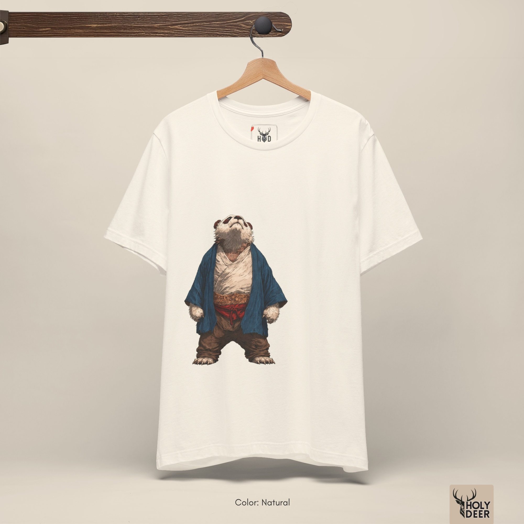 Dark shadow studio backdrop framing the unique kawaii panda tee by Holydeer Streetwear, magnifying the clean centered panda tshirt placement and premium zen panda tee presentation.