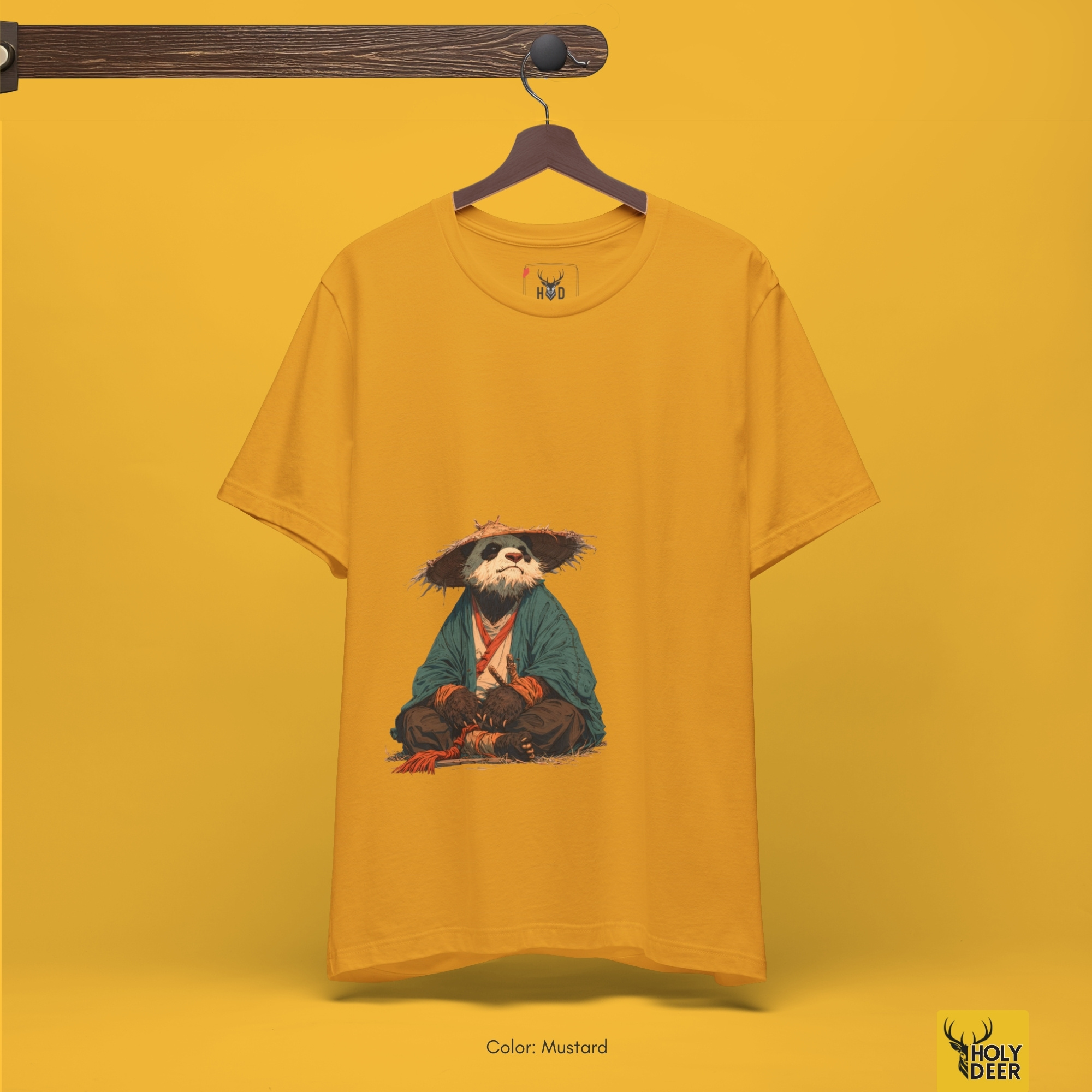 Angled perspective of the premium screen-printed Samurai Panda Shirt, detailing the thick paint feel of the panda fur textures, bottom-right layout placement, and the signature holydeer tee high-contrast design.