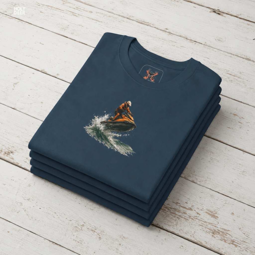 Macro view of the Jet Ski Tee print showcasing intricate water spray lines, sleek orange rider suit textures, and the raw boating graphic tee rendering crafted exclusively by Holydeer Streetwear.