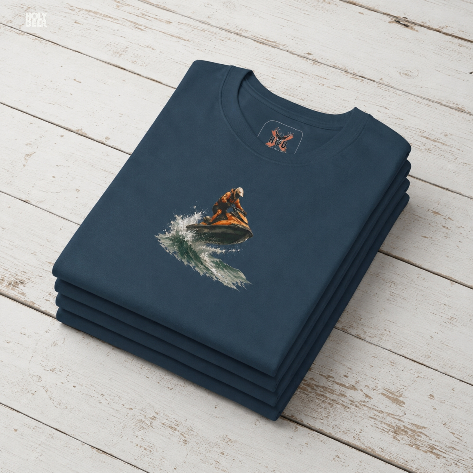 Macro view of the Jet Ski Tee print showcasing intricate water spray lines, sleek orange rider suit textures, and the raw boating graphic tee rendering crafted exclusively by Holydeer Streetwear.