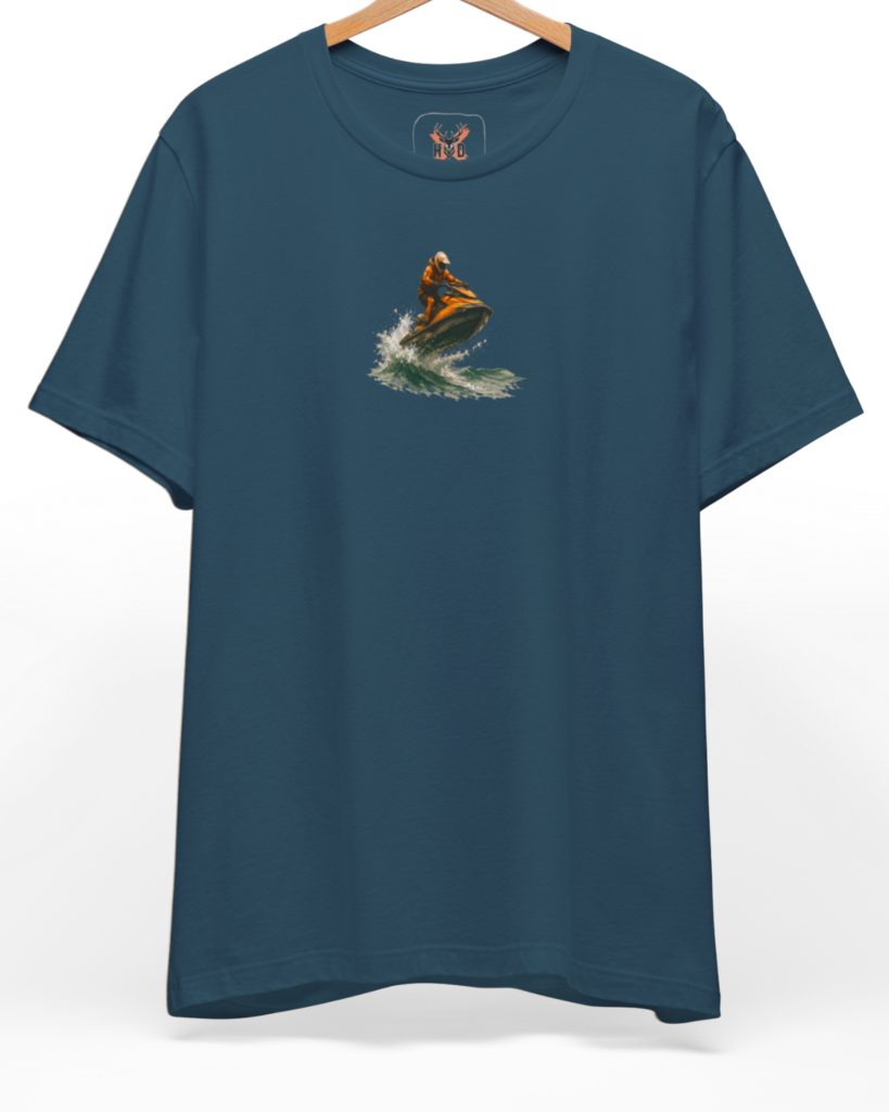 Premium Jet Ski Tee displaying a high-detail minimalist illustration with a turuncu jet ski wave art concept on a deep teal shirt layout, designed by Holydeer Clothing.