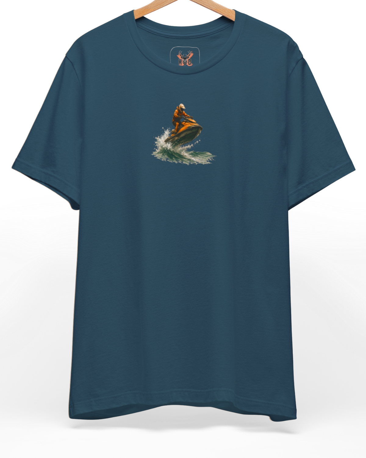 Premium Jet Ski Tee displaying a high-detail minimalist illustration with a turuncu jet ski wave art concept on a deep teal shirt layout, designed by Holydeer Clothing.