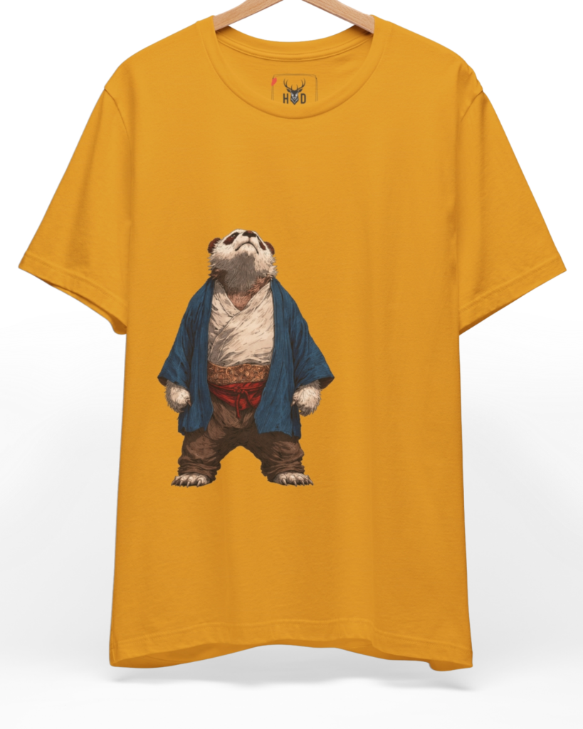 Premium kawaii panda tee displaying a high-detail minimalist illustration with a samurai panda shirt wearing a traditional kimono robe, designed by Holydeer Clothing for japan style tshirt collectors.