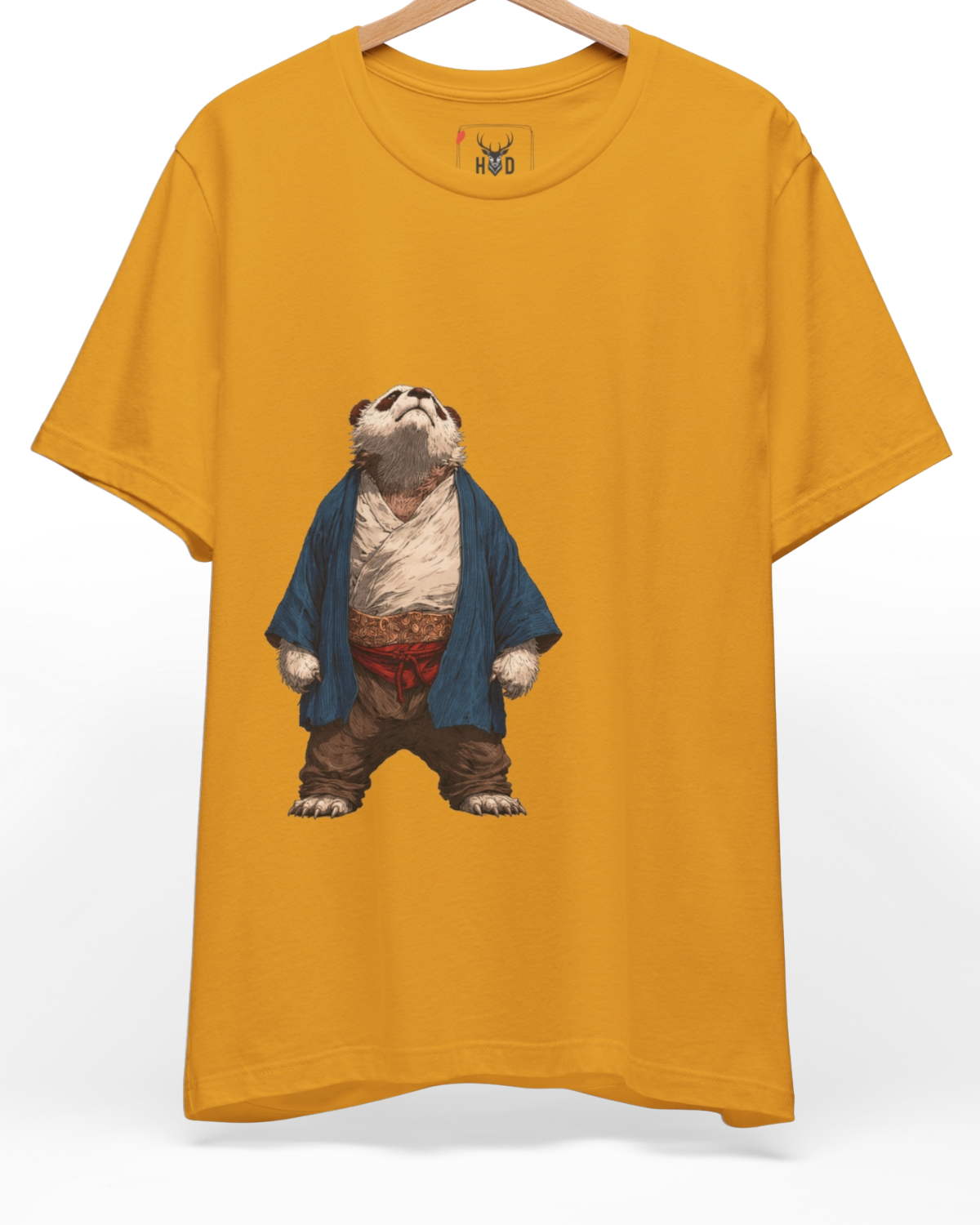 Premium kawaii panda tee displaying a high-detail minimalist illustration with a samurai panda shirt wearing a traditional kimono robe, designed by Holydeer Clothing for japan style tshirt collectors.