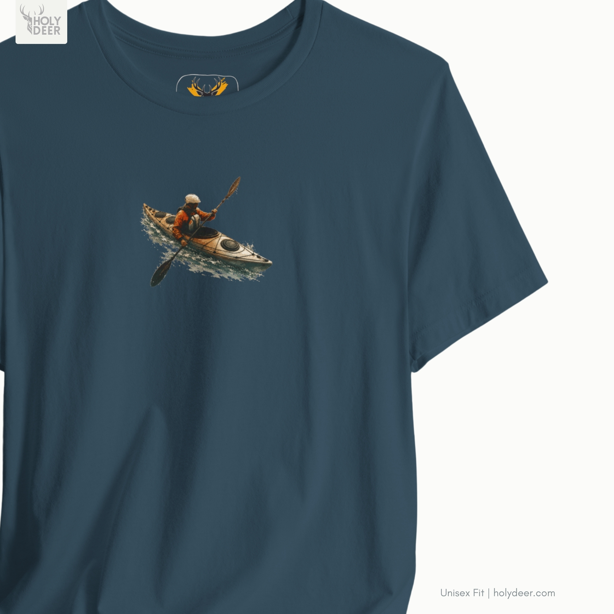 Minimalist deep evergreen backdrop focusing heavily on the standalone silhouette of the Kayak Tee by Holydeer, proving it acts as a unique artist gift and an essential green graphic tee piece.