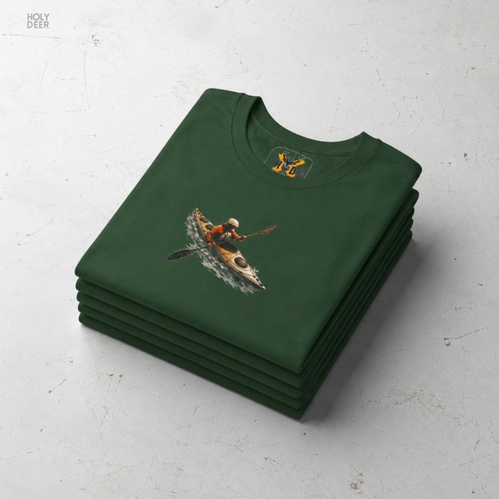 Macro view of the Kayak Tee print showcasing intricate water splash lines, sleek orange jacket textures, and the raw boating graphic rendering crafted exclusively by Holydeer Streetwear.