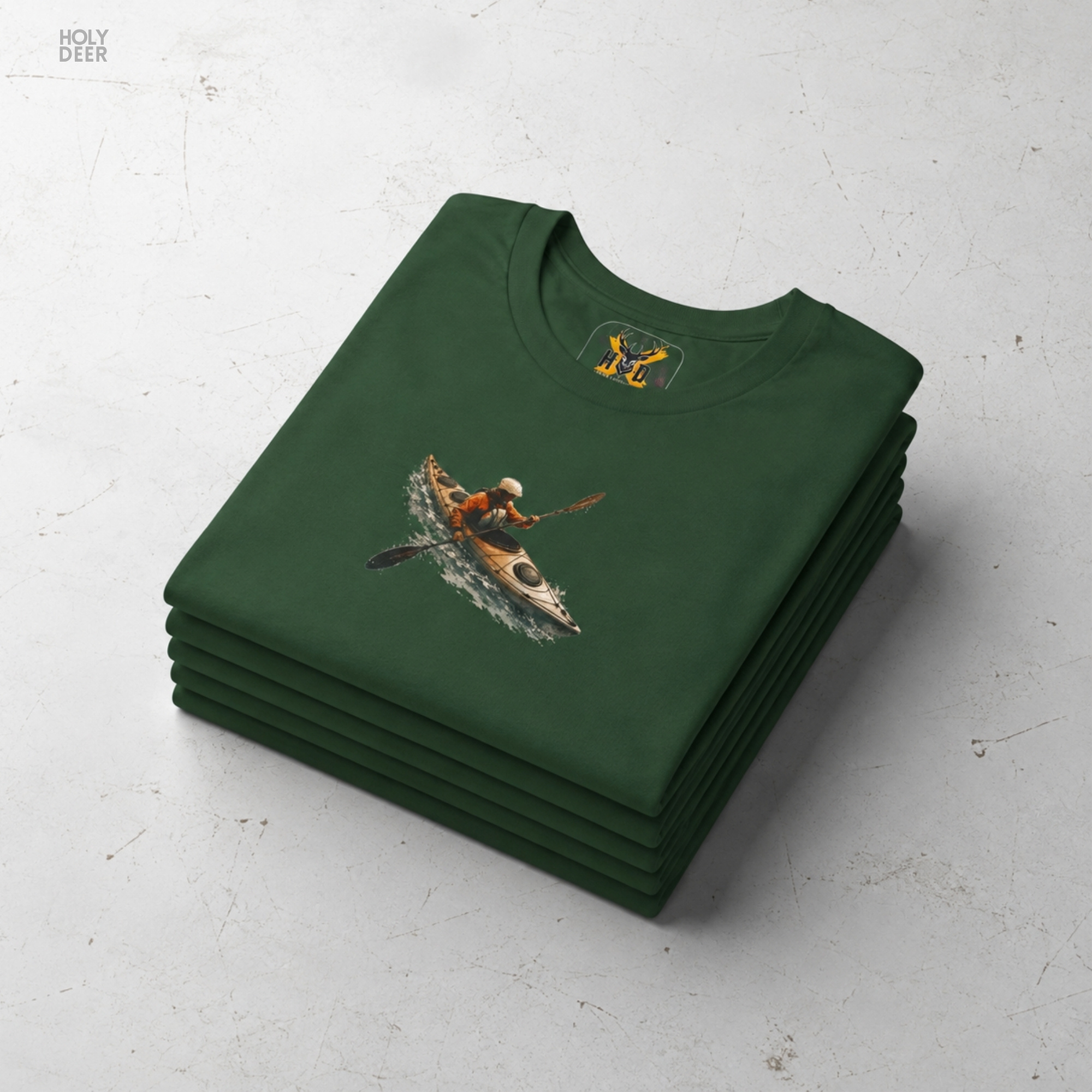 Macro view of the Kayak Tee print showcasing intricate water splash lines, sleek orange jacket textures, and the raw boating graphic rendering crafted exclusively by Holydeer Streetwear.