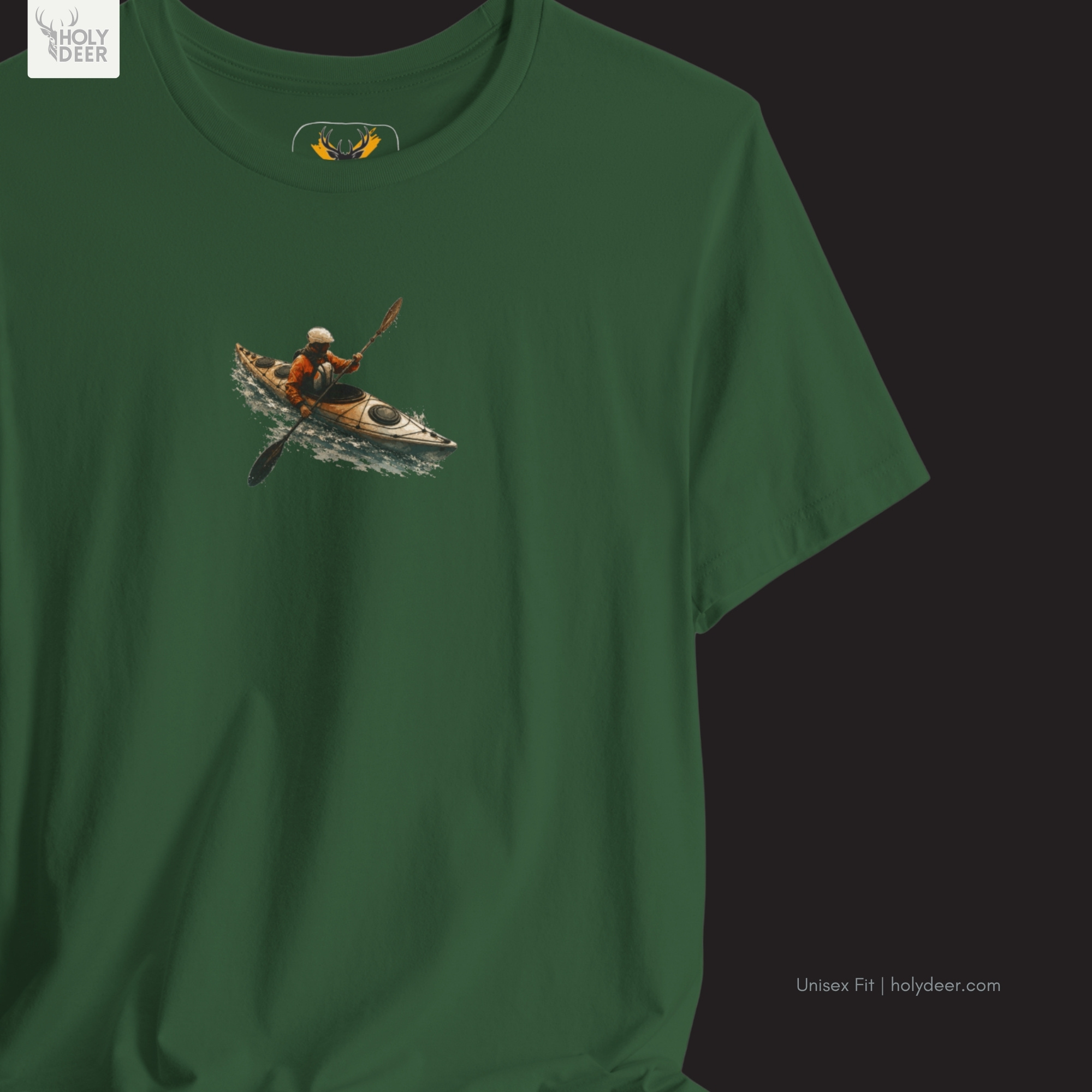 River gorge overlook lifestyle model wearing the centered Kayak Tee from Holydeer Clothing, standing as a high-end outdoor action tee statement matching elite nature adventure trends.