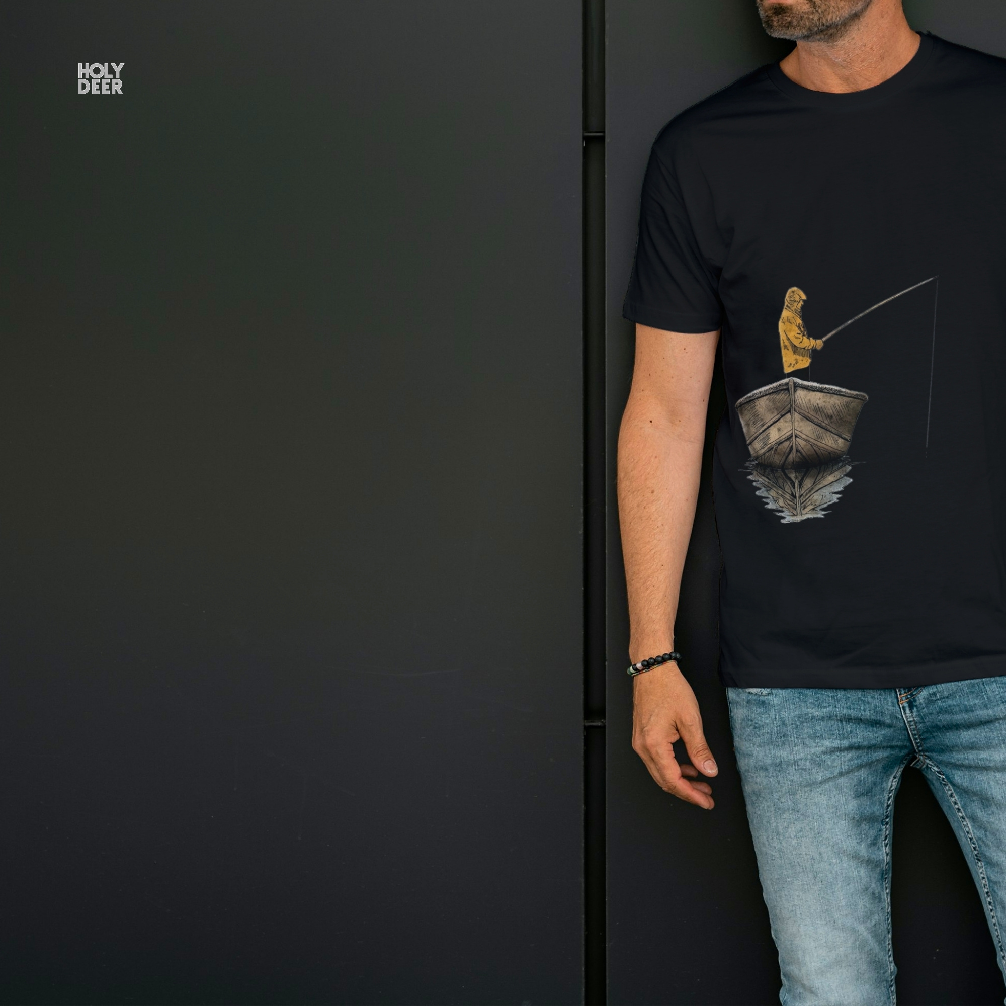 Angled perspective of the premium screen-printed fishing tshirt, detailing the thick paint feel, boat graphic tee alignment, and the signature holydeer tee high-contrast calm water tee look.
