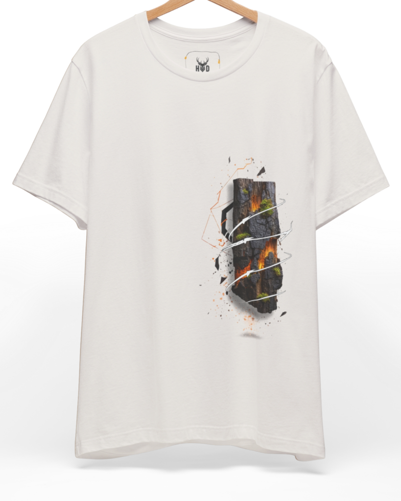 Premium Lava Rock Tshirt displaying a unique dark nature tee lava rock tshirt magma graphic tee burning earth tee earth core layout on a natural cream backdrop, designed by Holydeer Clothing.