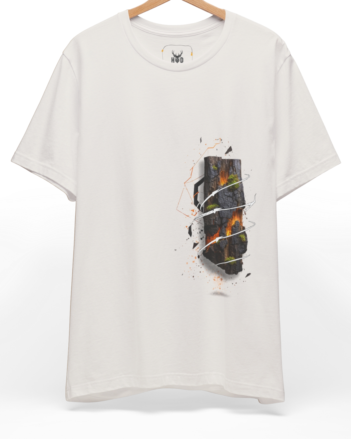 Premium Lava Rock Tshirt displaying a unique dark nature tee lava rock tshirt magma graphic tee burning earth tee earth core layout on a natural cream backdrop, designed by Holydeer Clothing.