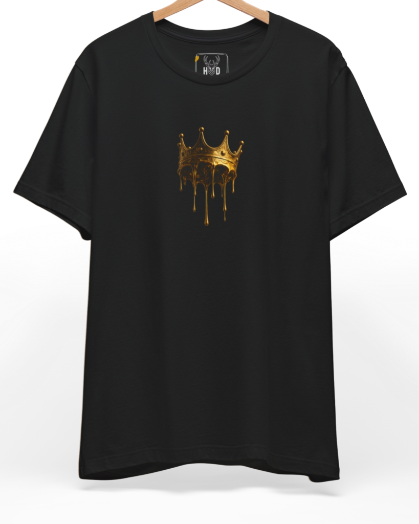 Premium Drip Crown Tee displaying a high-detail liquid gold drip crown and minimalist crown tee concept on a black graphic shirt layout, designed by Holydeer Clothing.