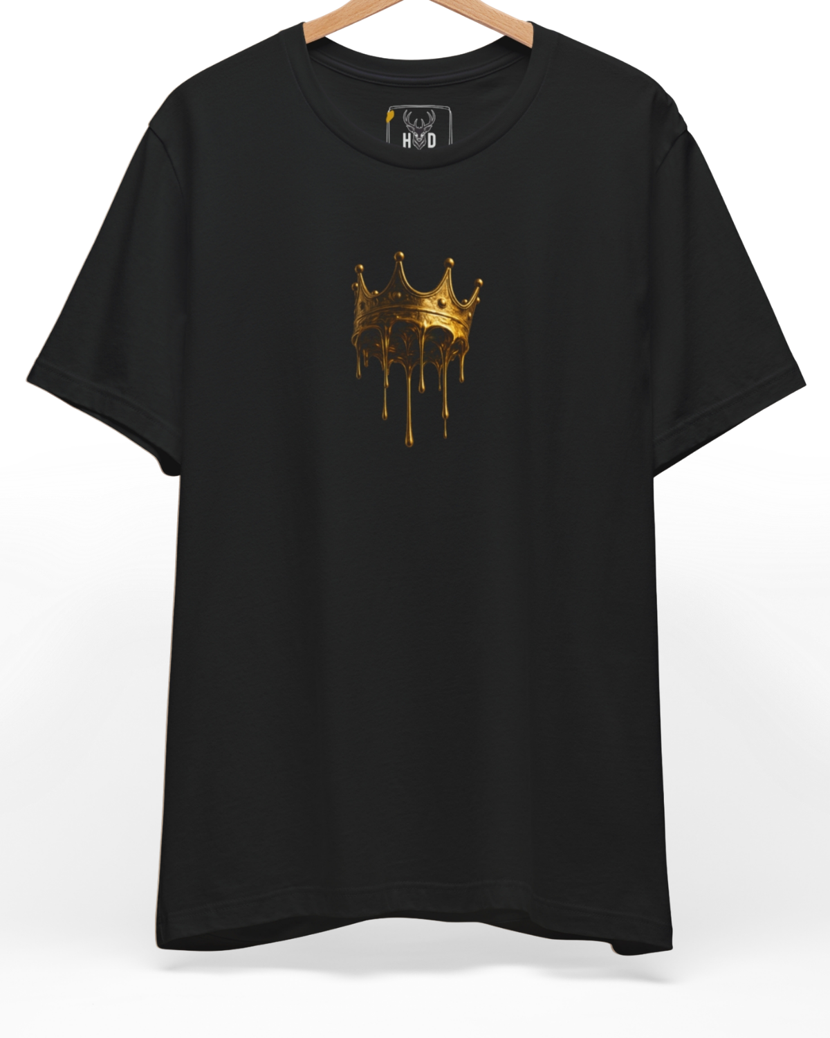 Premium Drip Crown Tee displaying a high-detail liquid gold drip crown and minimalist crown tee concept on a black graphic shirt layout, designed by Holydeer Clothing.