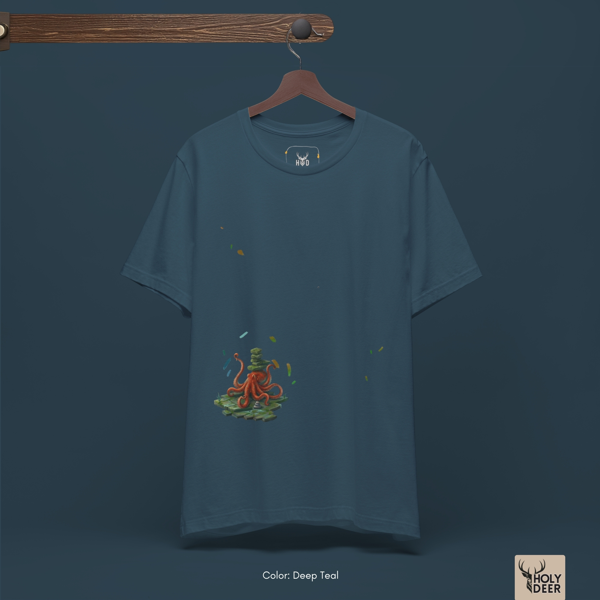Technical close-up highlighting the detailed red suction cups, interlocking tentacle spirals, and soft shadow lining anchoring the base of the mindful nature tee.
