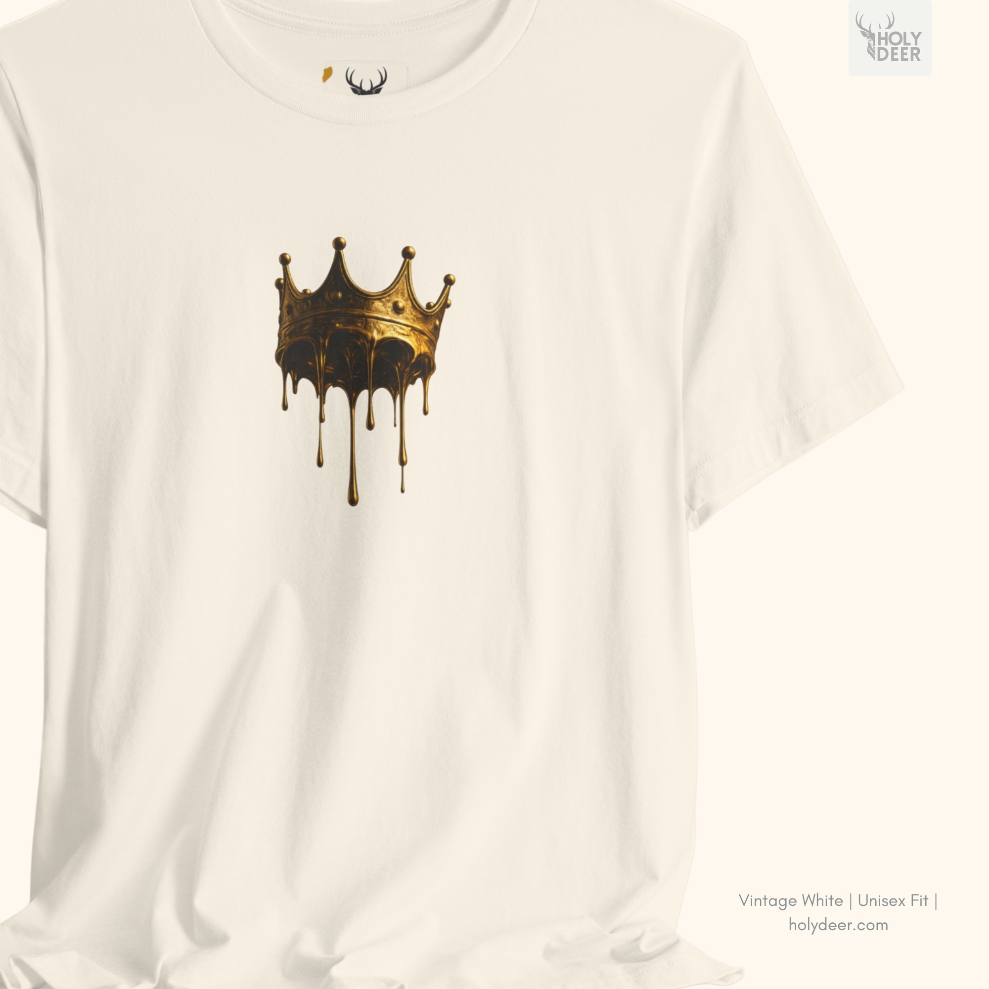 Angled perspective of the premium screen-printed Drip Crown Tee, detailing the thick paint feel of the eriyen altın taç base and flowing vertical droplets, chest layout placement, and the signature holydeer tee high-contrast design.