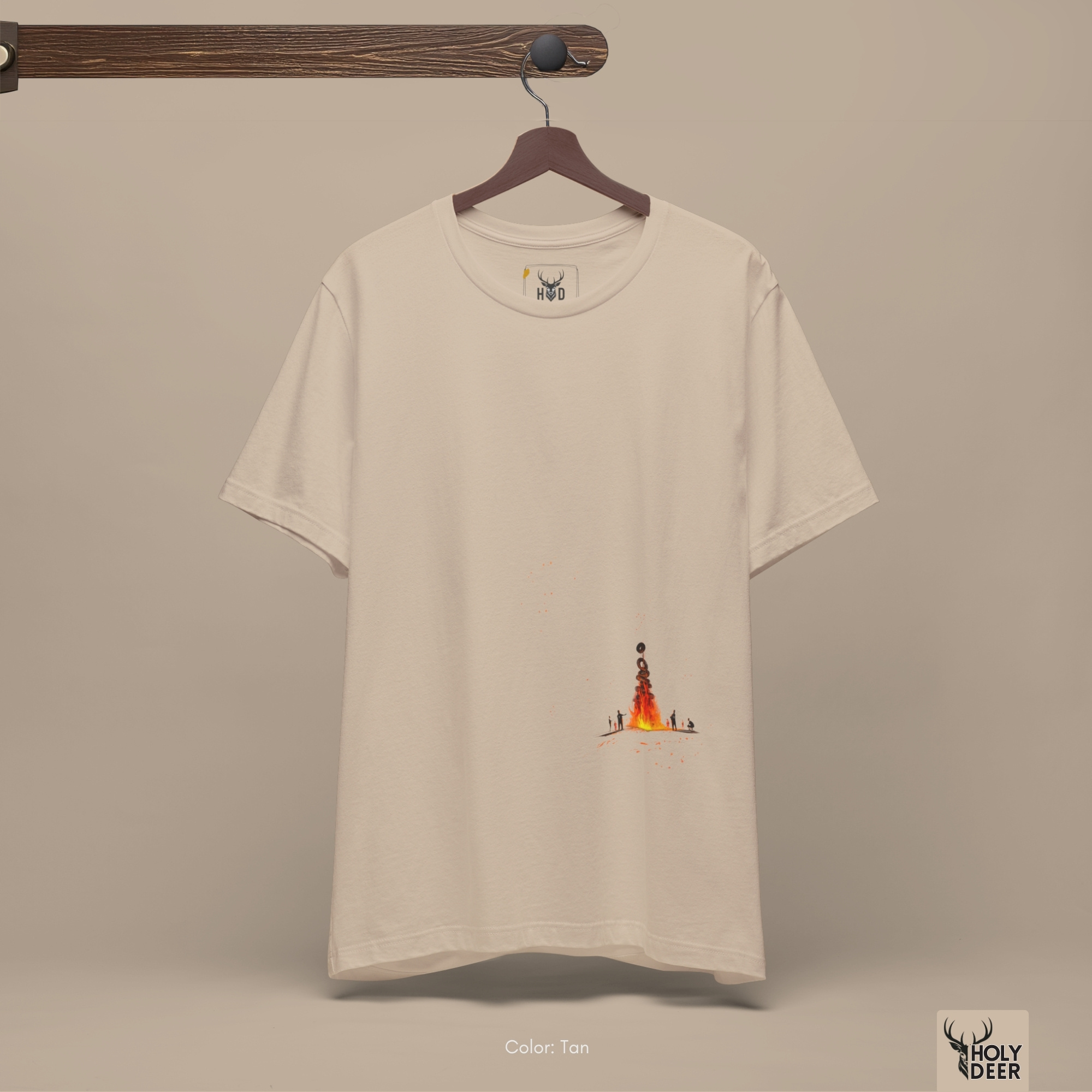 Abstract artistic lookbook frame manipulating deep fabric wrinkles and crisp side shadow blocks on the camping tshirt garment.