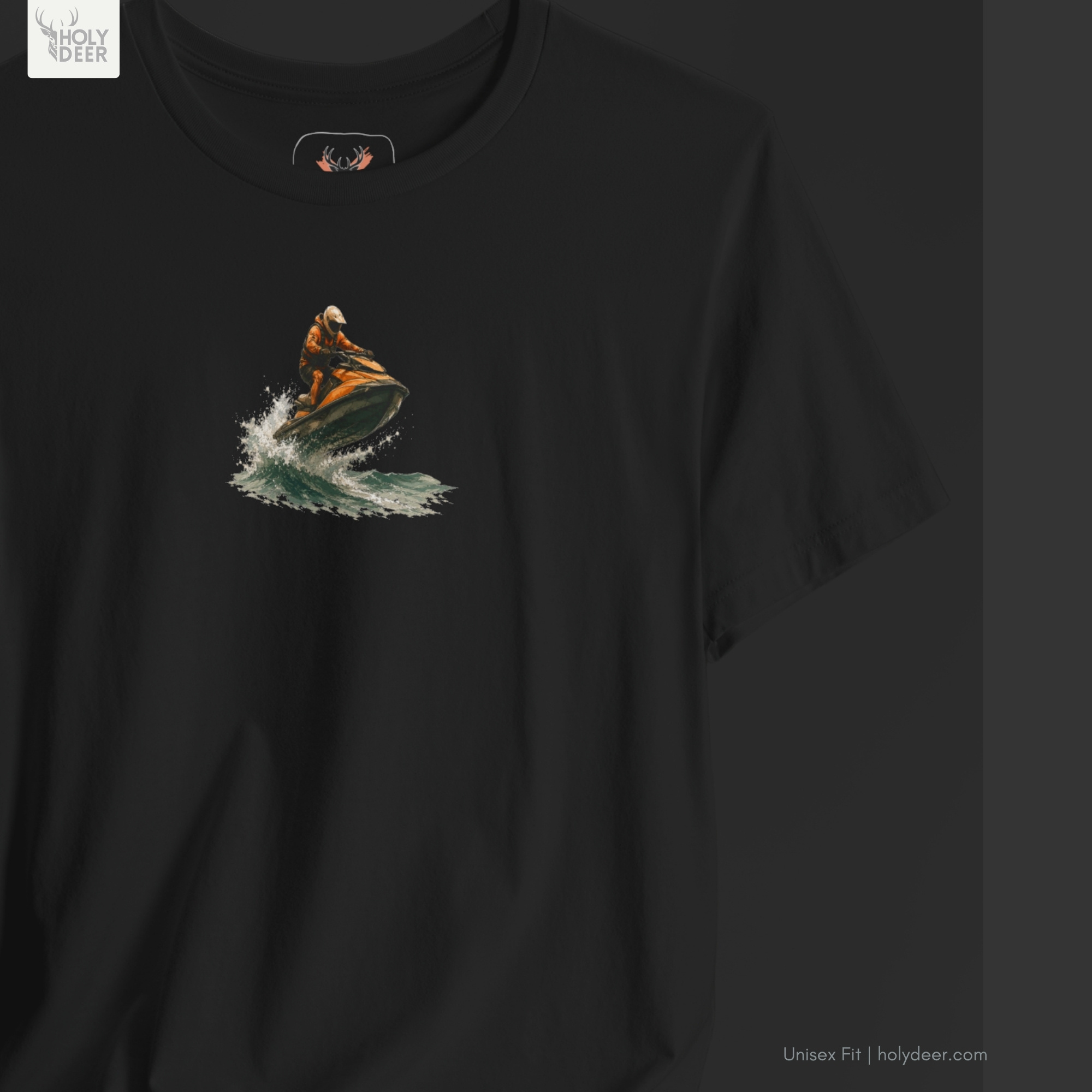 Professional flat lay photography of the Jet Ski Tee by Holydeer Apparel, arranged elegantly next to premium jet ski gift items and high-end boating graphic tee blueprints.