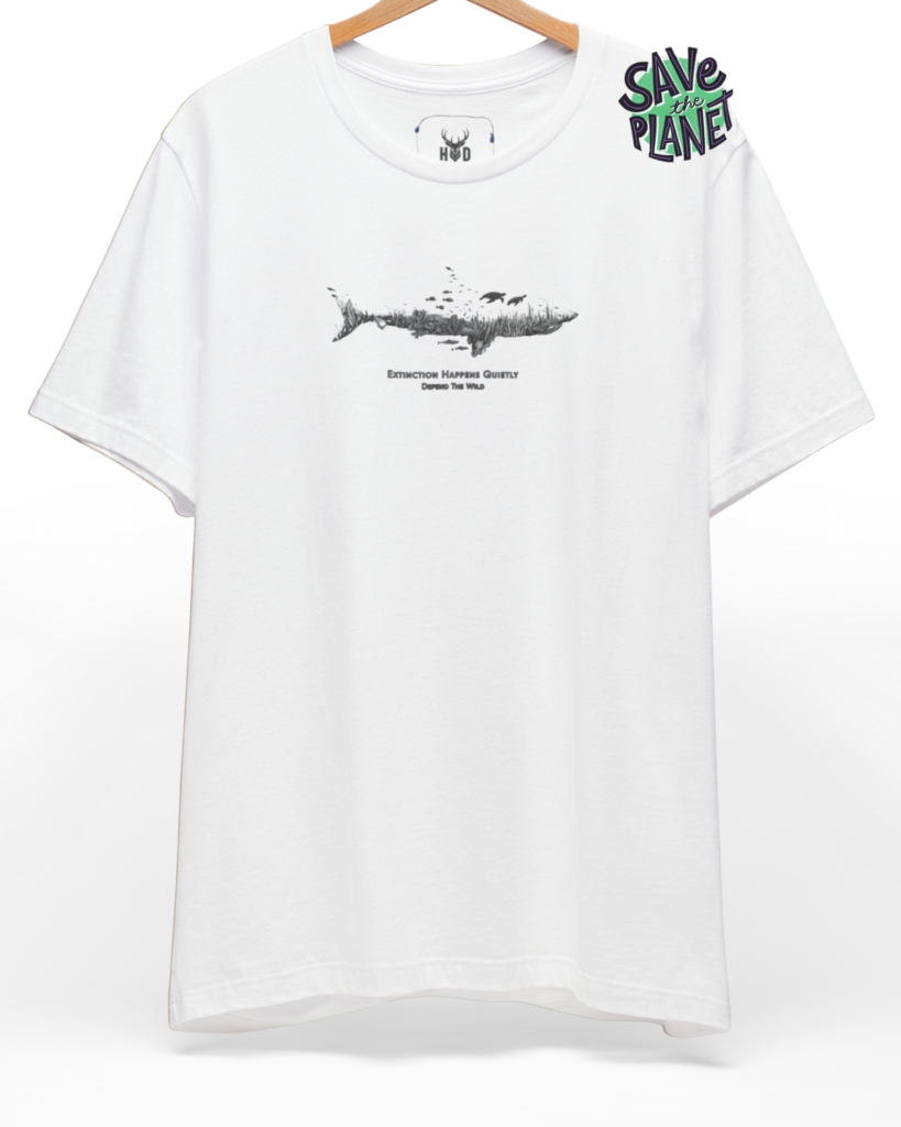 An eye-level studio presentation highlighting the eco-friendly-gift-black-tee-save-the-ocean-fashion-lifestyle-conservation-art-holydeer.jpg artwork centered on a premium combed white cotton canvas by Holydeer Clothing.