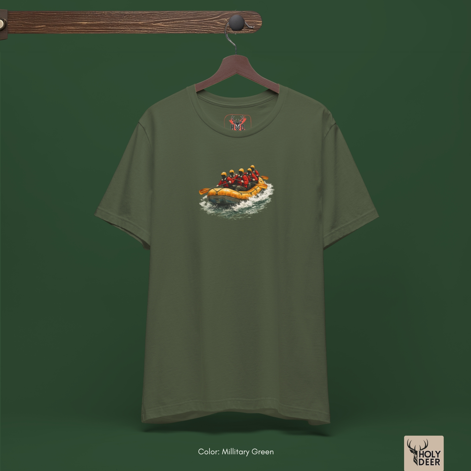 A candid canyon outdoor lifestyle photo featuring an extreme sports fan wearing the official Rafting Tee from Holydeer Clothing, blending seamlessly into raw indie creator wear and dynamic nature adventure environments.