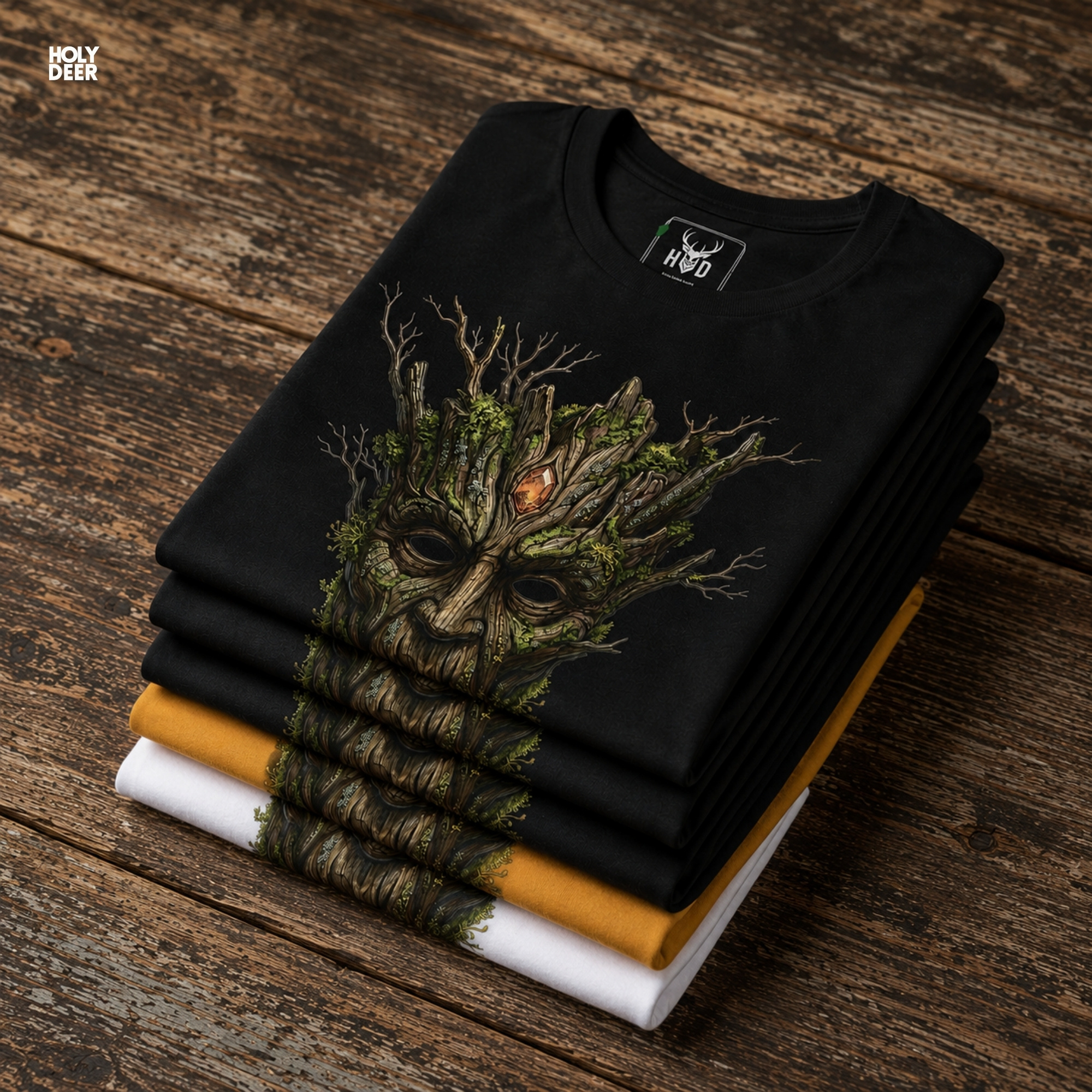 Full-length lookbook capture featuring an independent creator pairing the premium nature spirit gift top with a dark tactical layer inside a dense, mossy woodland environment.